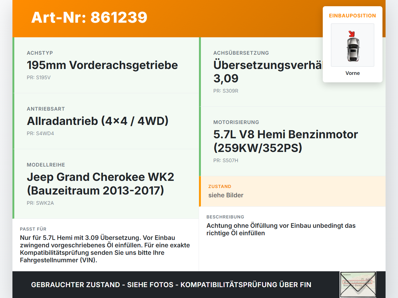 Jeep Grand Cherokee WK2 13-17 Hemi 5,7 259KW Differential Vorderachsgetriebe Vorne 3,09 Jeep Grand Cherokee WK2... Vorschau 3