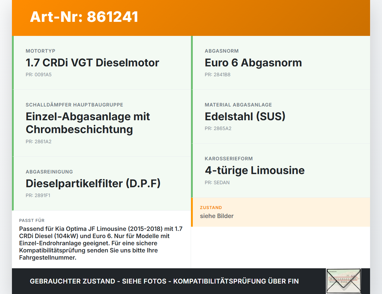 Kia Optima IV JF 15-18 CRDi 1,7 104KW Mitteltopf Auspuff Abgasanlage Kia Optima IV JF 15-18 18.11.2016 gebraucht Vorschau 3
