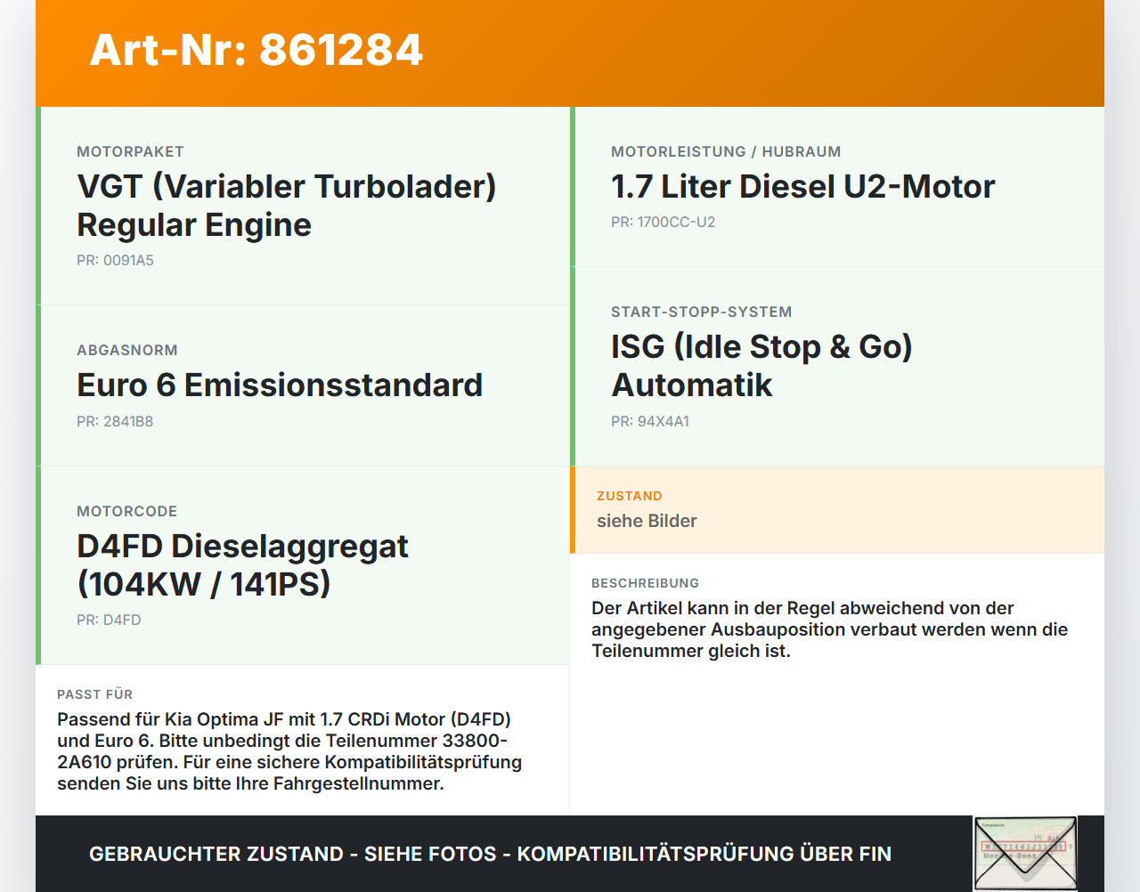 Kia Optima IV JF 15-18 CRDi 1,7 104KW Injektor Einspritzdüse Zyl.2 Kia Optima IV JF 15-18 18.11.2016 338002A610... Vorschau 3