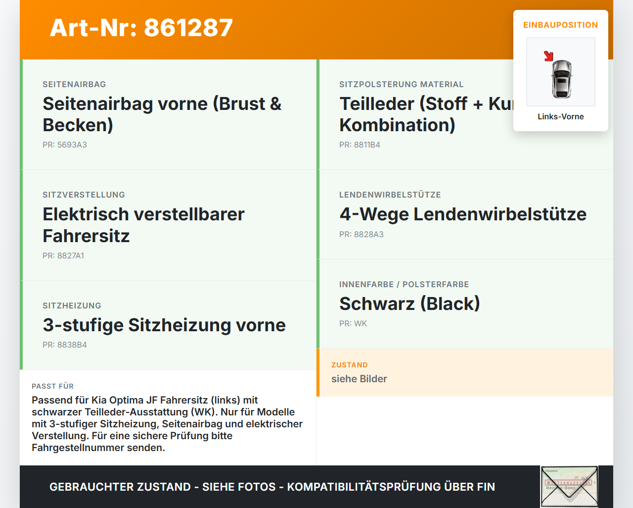 Kia Optima IV JF 15-18 Lim Sitzbezug Rückenpolster Links Vorne für Fahrer Sitz beheizt Kia Optima IV JF 15-18... Vorschau 3