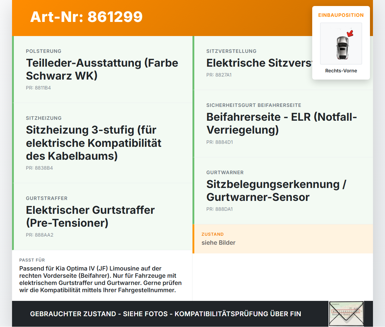 Kia Optima IV JF 15-18 Lim Gurtschloss Rechts Vorne Kia Optima IV JF 15-18 18.11.2016 88830D4200WK 88830-D4200WK... Vorschau 3