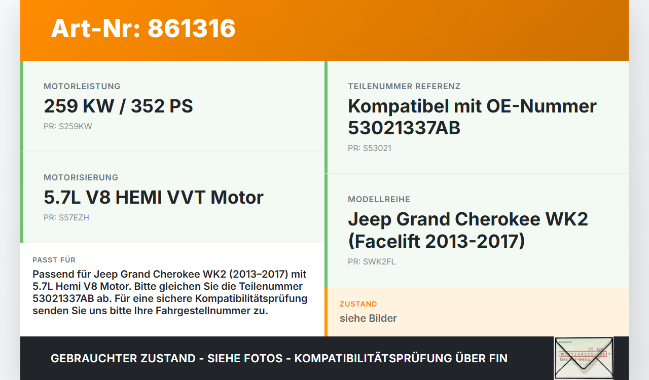 Jeep Grand Cherokee WK2 13-17 Hemi 5,7 259KW Platte für Motor Stirnplatte Gehäuse Motorblock Jeep Grand Cherokee... Vorschau 3