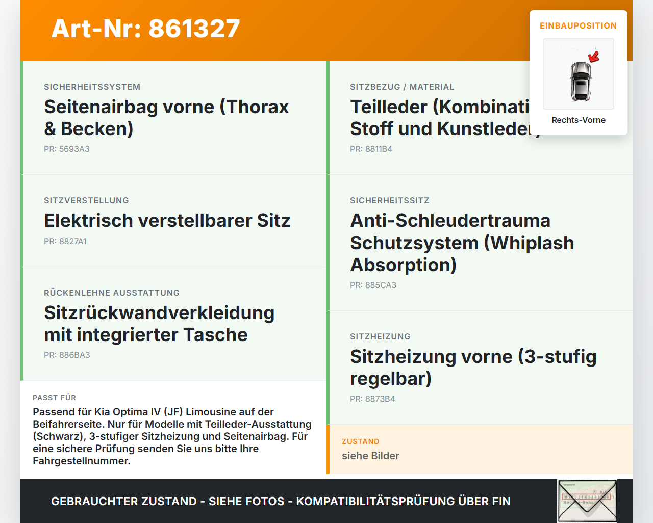 Kia Optima IV JF 15-18 Lim Sitzbezug Rückenpolster Rechts Vorne für Beifahrer Sitz beheizt Kia Optima IV JF 15-18... Vorschau 3