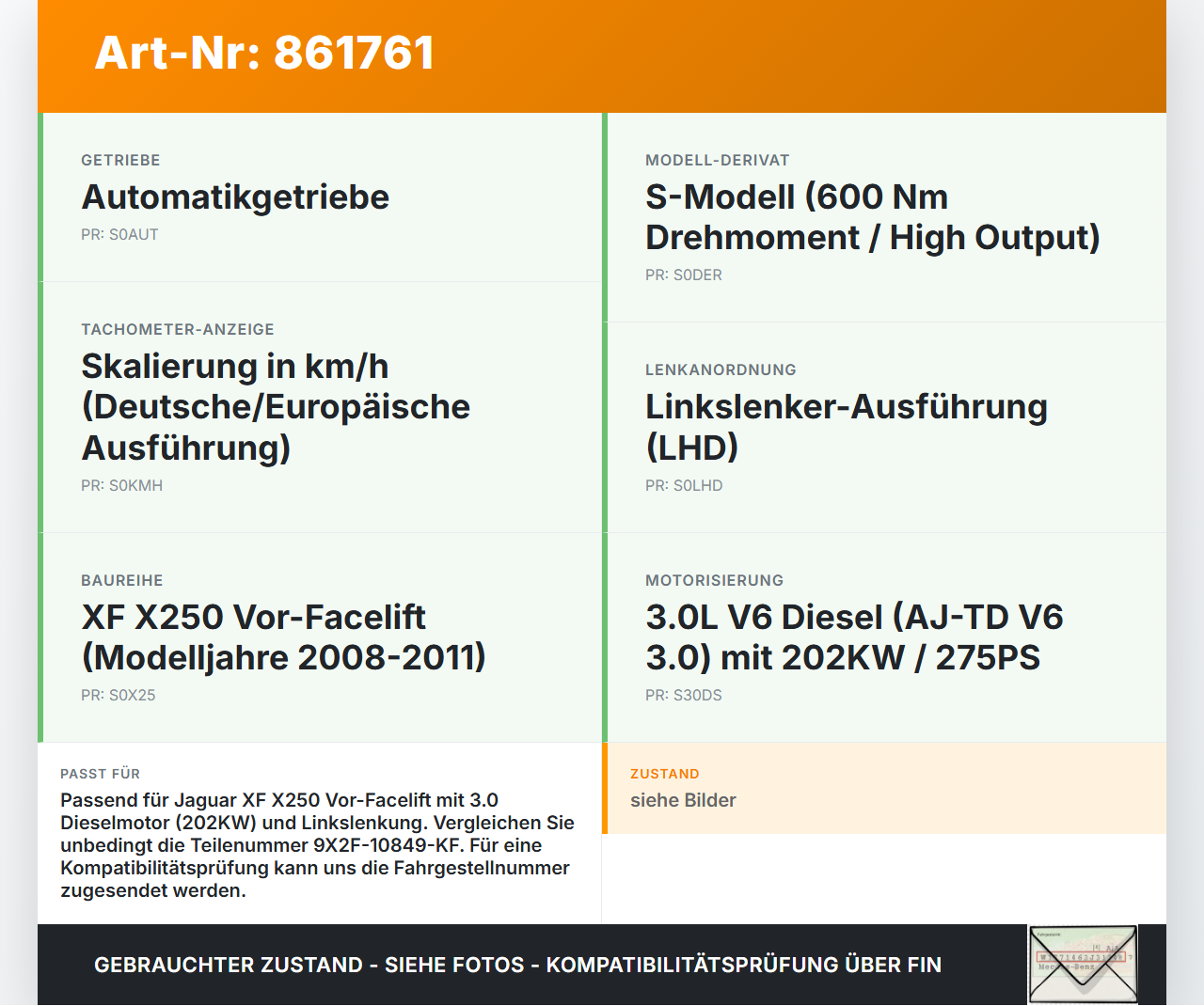 Jaguar XF X250 08-11 3,0d 202KW Kombiinstrument Tacho Jaguar XF X250 08-11 08.12.2010 9X2F-10849-KF gebraucht Vorschau 3