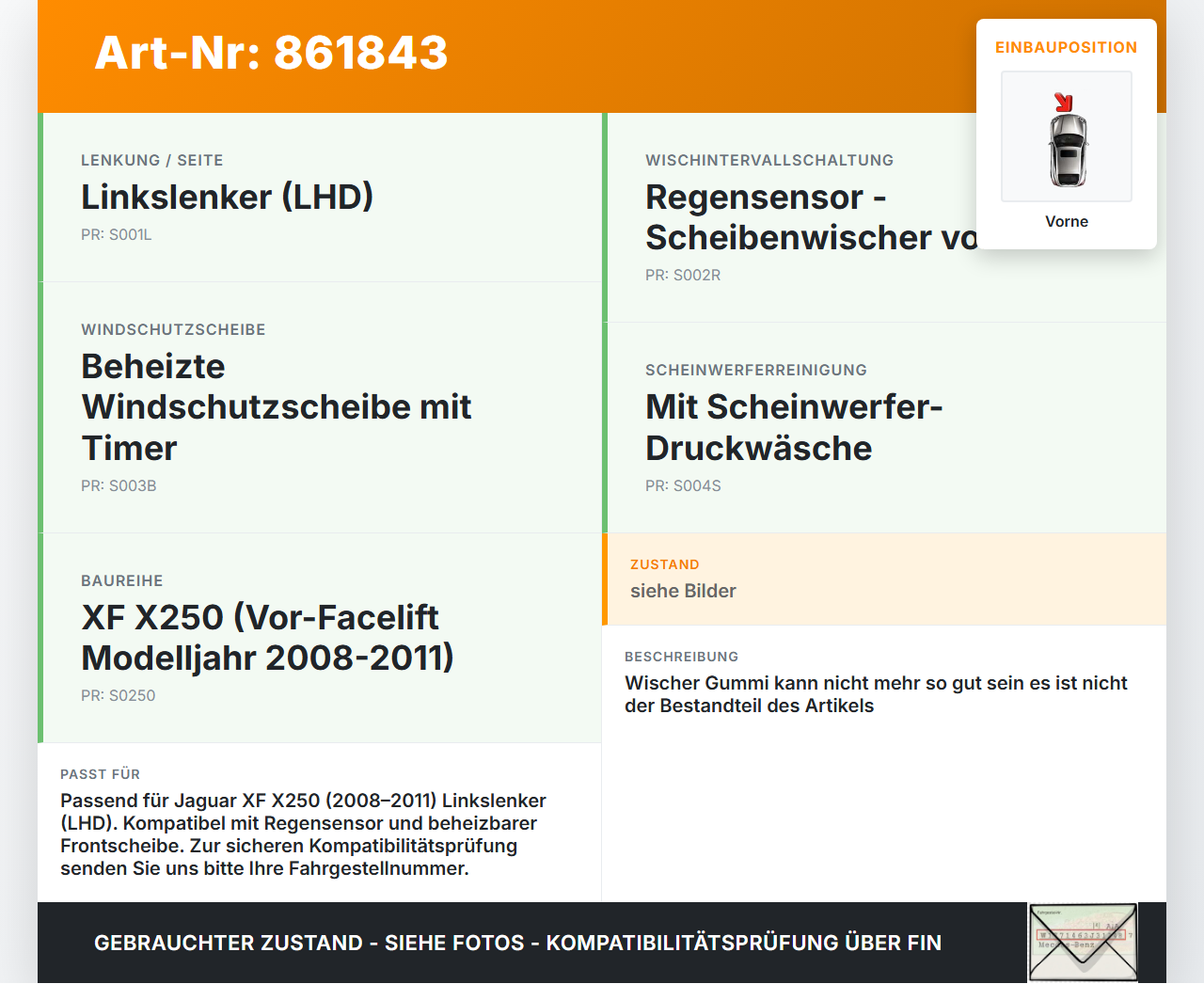 Jaguar XF X250 08-11 2x Scheibenwischer Wischarm Vorne Jaguar XF X250 08-11 08.12.2010 C2Z2264 gebraucht Vorschau 3