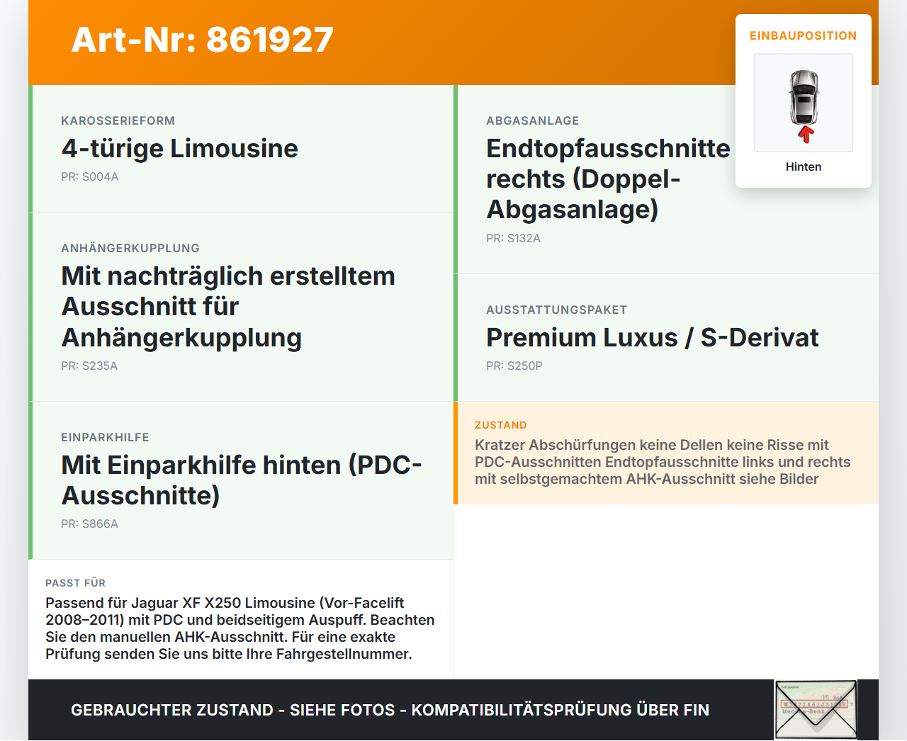 Jaguar XF X250 08-11 Lim Stoßstange Stoßfänger Hinten PEL Jaguar XF X250 08-11 08.12.2010 C2Z2148XXX gebraucht Vorschau 3