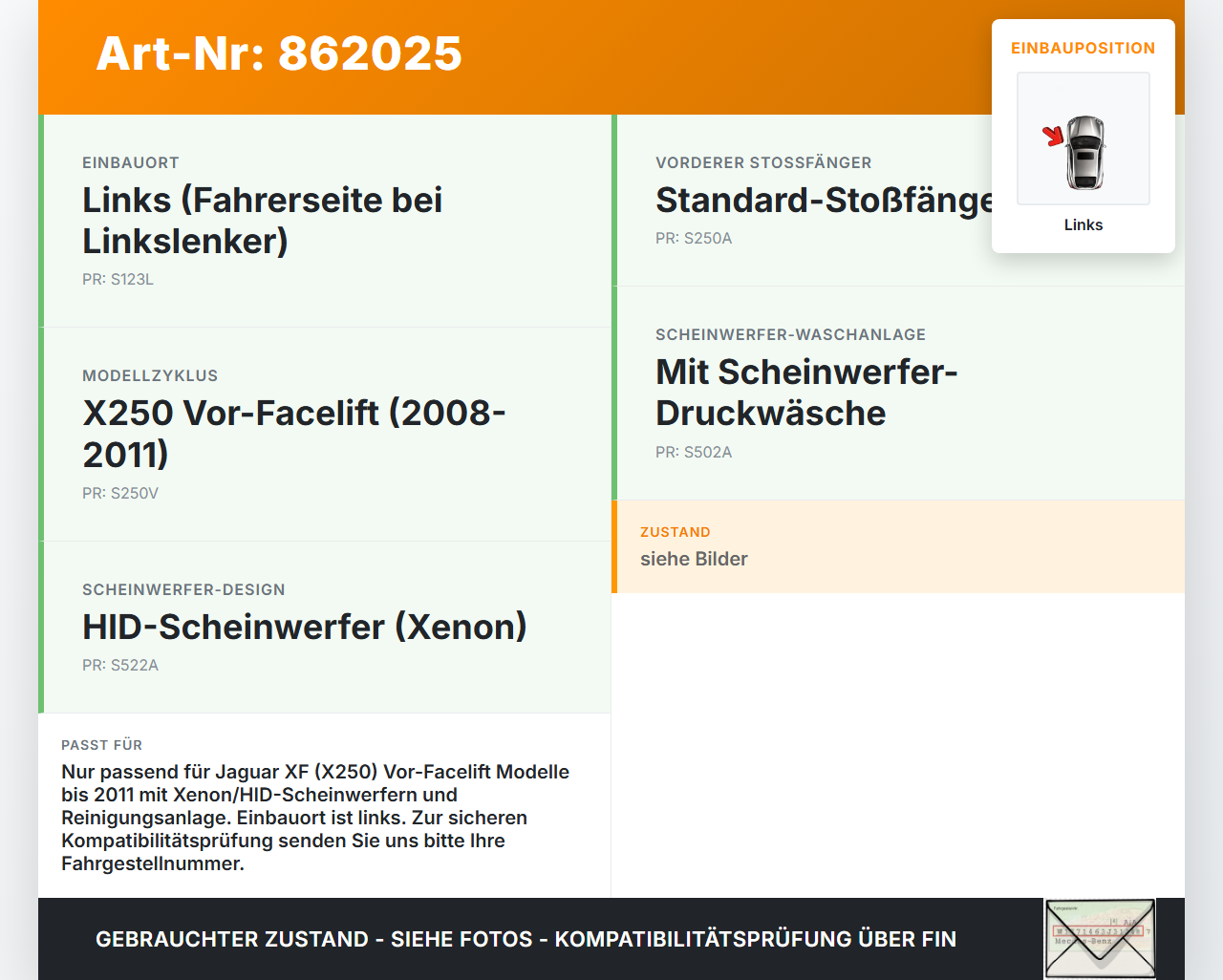 Jaguar XF X250 08-11 Waschdüse f. Scheinwerfer Links Jaguar XF X250 08-11 08.12.2010 gebraucht Vorschau 3