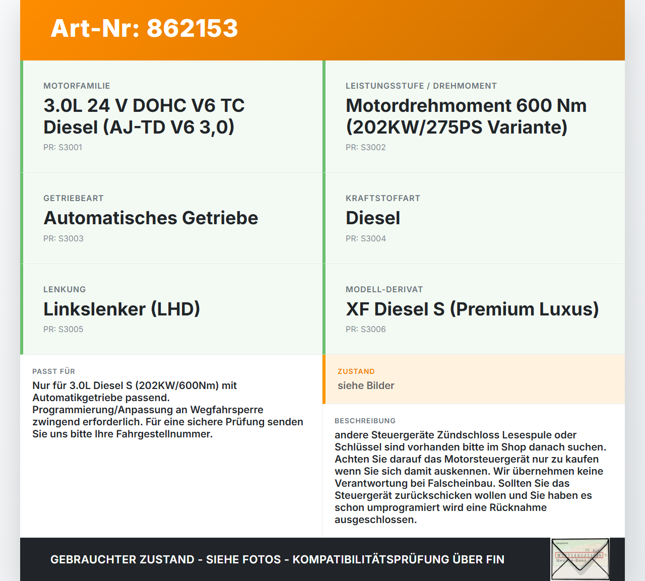 Jaguar XF X250 08-11 3,0d 202KW Steuergerät ECU für Motor Motorsteuergerät Jaguar XF X250 08-11 08.12.2010... Vorschau 3