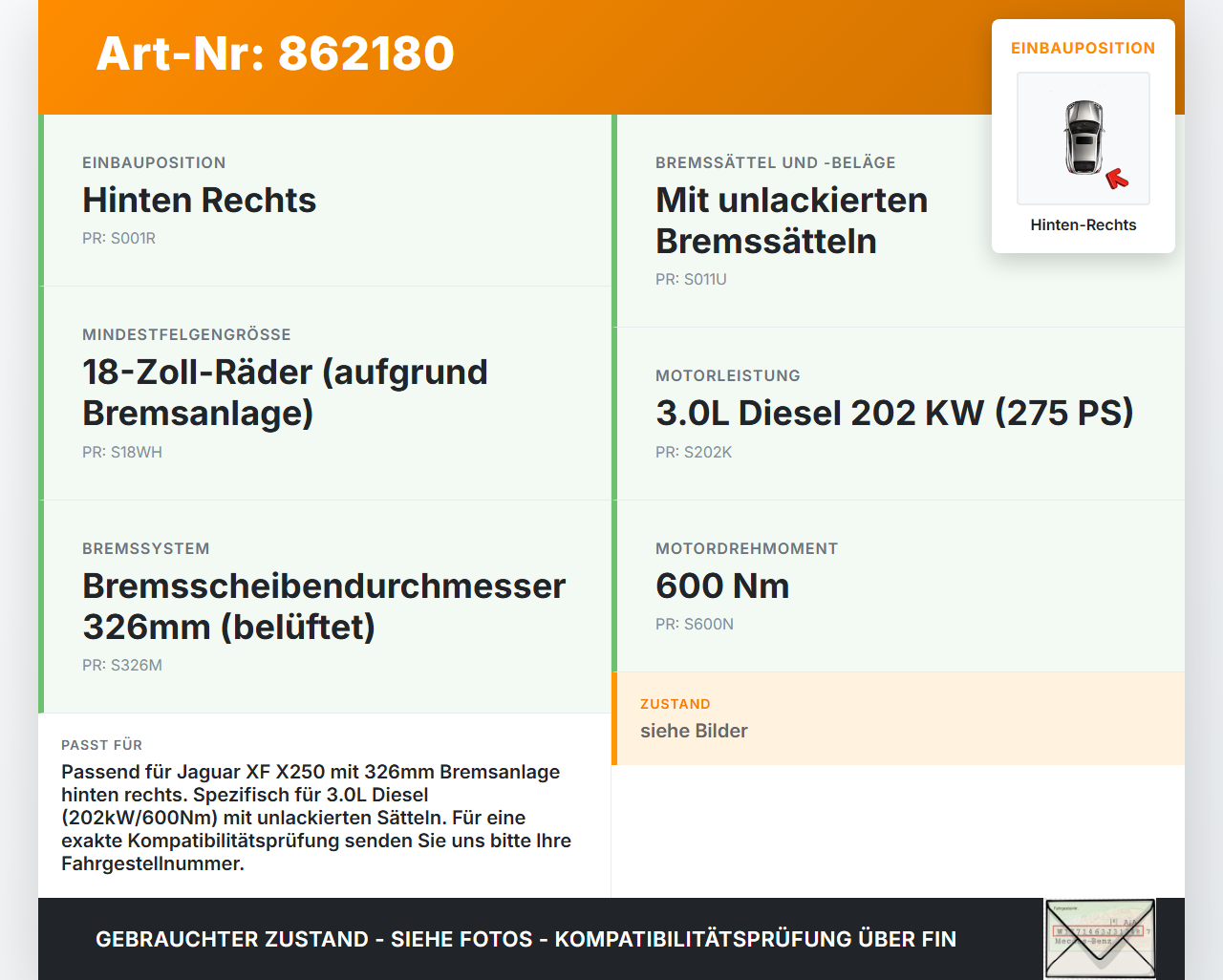 Jaguar XF X250 08-11 3,0d 202KW Bremssattel Bremszange Hinten Rechts 326MM Jaguar XF X250 08-11 08.12.2010 C2C27282... Vorschau 3