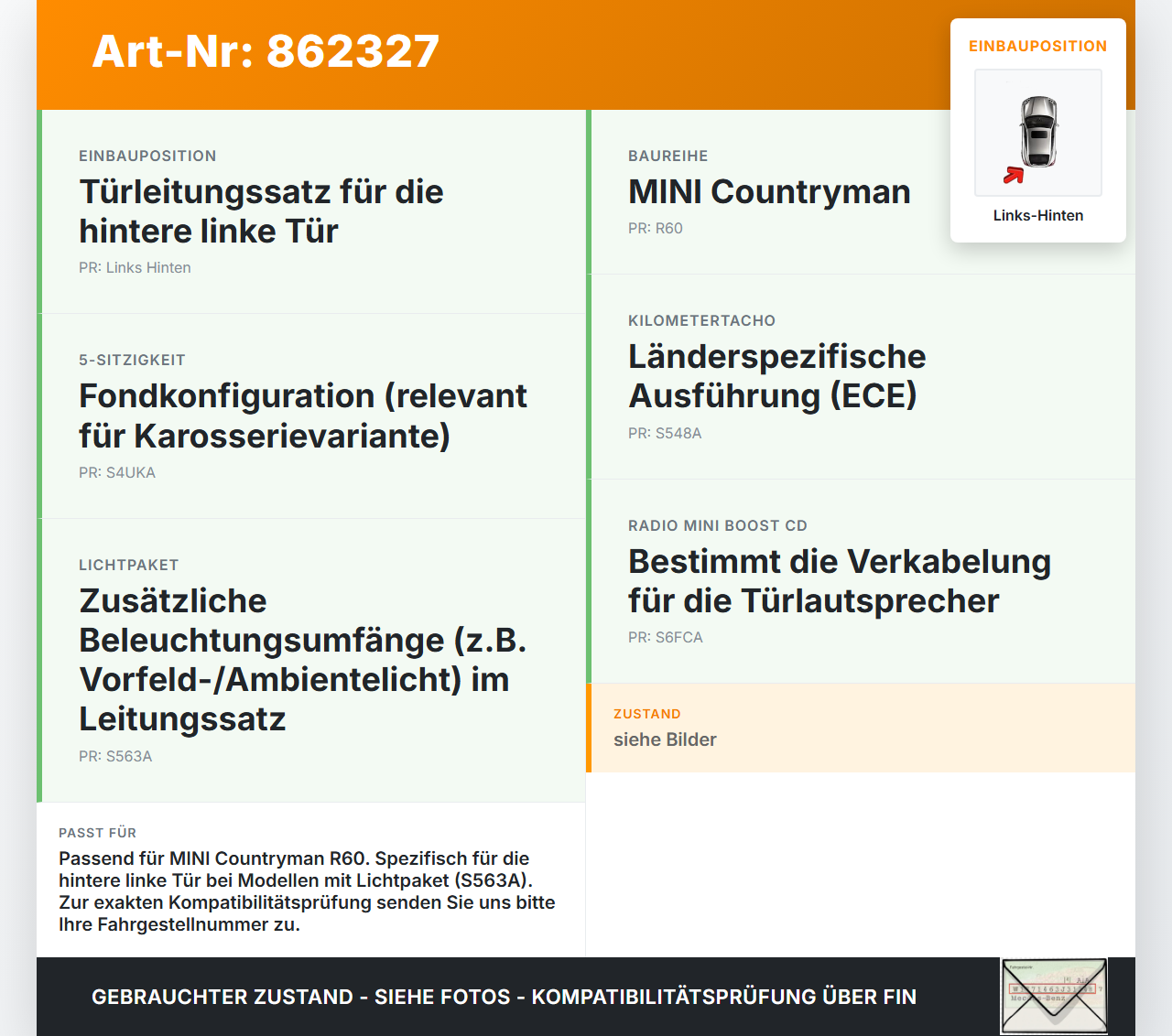 Mini Countryman One R60 10-16 Kabelbaum für Tür und Fensterheber Links Hinten Mini Countryman One R60 10-16... Vorschau 3