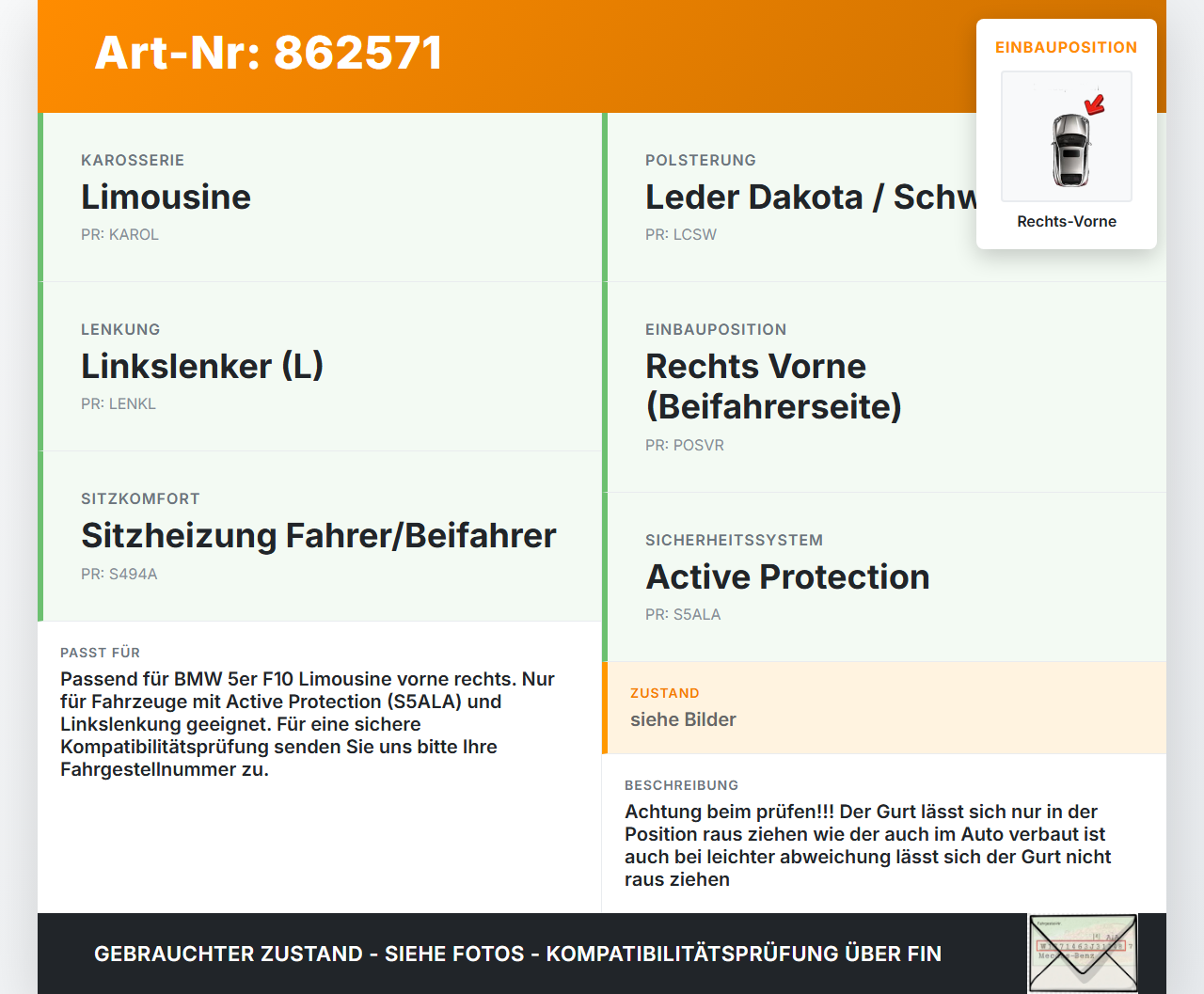 BMW F10 528i 10-13 Lim Gurt Sicherheitsgurt Gurtstraffer Rechts Vorne BMW F10 528i 10-13 07.10.2011 7295868 gebraucht Vorschau 3
