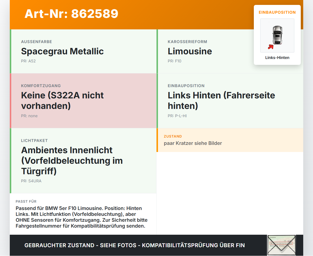 BMW F10 528i 10-13 Lim Türgriff Griff aussen Links Hinten Ambiente Light A52 BMW F10 528i 10-13 07.10.2011... Vorschau 3