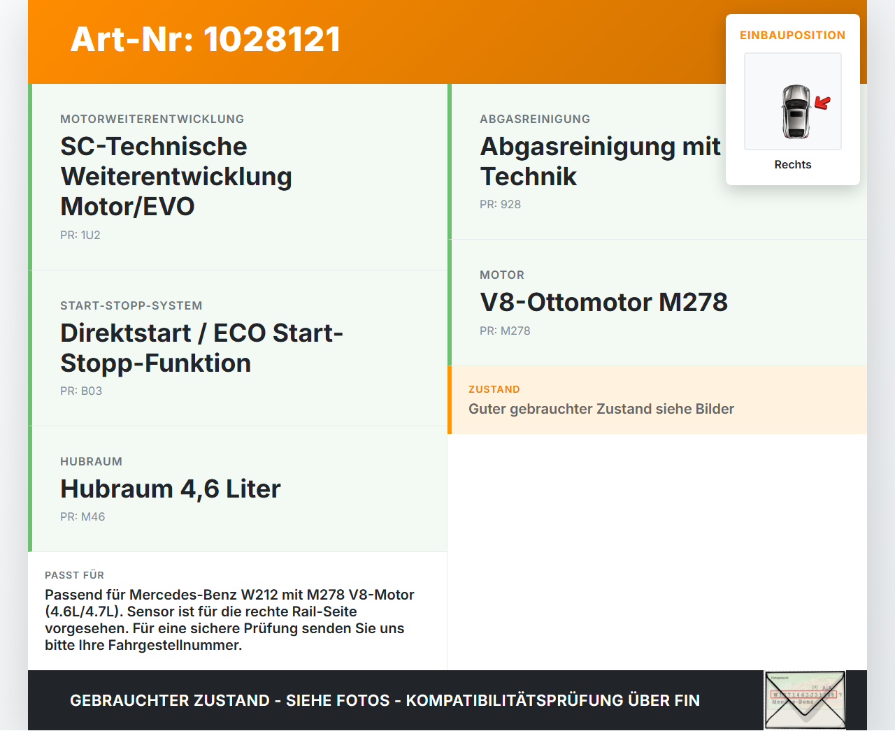 Mercedes E500 W212 09-13 4,7 300KW Railsensor Drucksensor Rechts Mercedes E500 W212 09-13 06.12.2011 0261545046... Vorschau 3