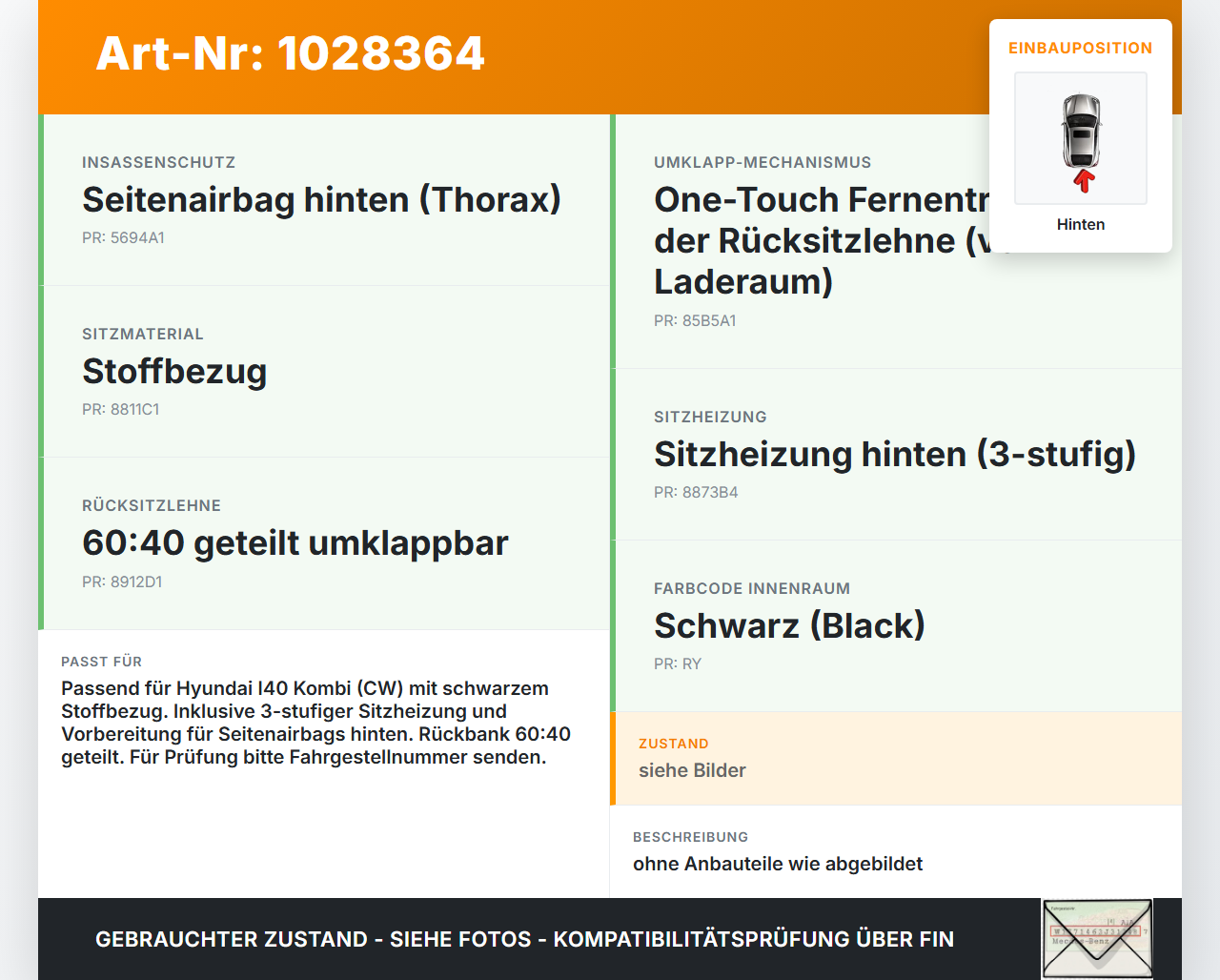 Hyundai I40 CW 11-15 Kombi Sitz Rücksitzbank Hinten Hyundai I40 CW 11-15 11.12.2014 20140813-004 gebraucht Vorschau 3