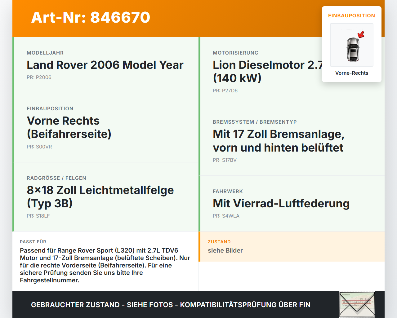 Range Rover Sport LS 05-10 TDV6 2,7 140KW Bremssattel Bremszange Vorne Rechts Range Rover Sport LS 05-10 09.01.2006... Vorschau 3