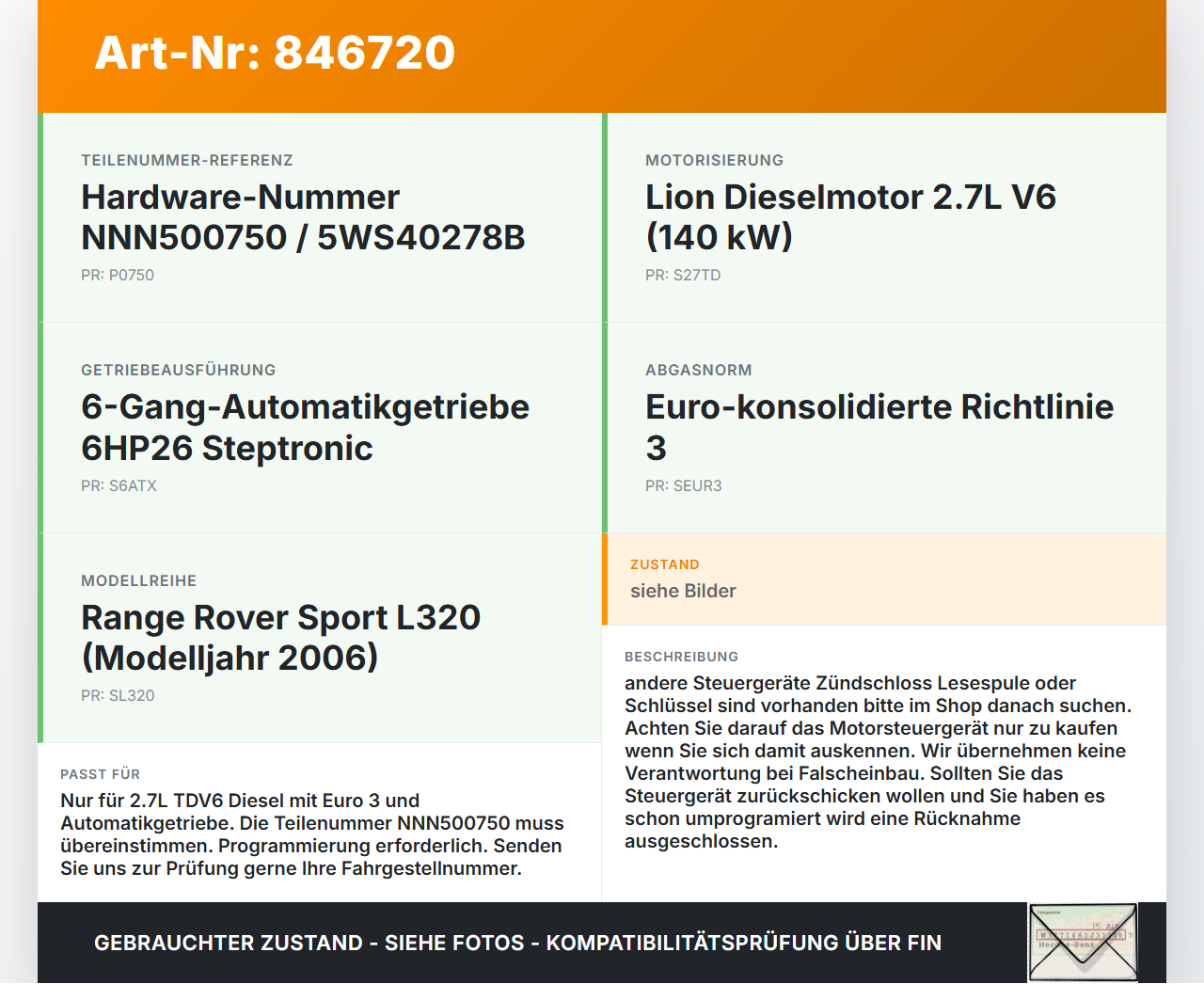 Range Rover Sport LS 05-10 TDV6 2,7 140KW Motor Steuergerät ECU Motorsteuergerät Range Rover Sport LS 05-10... Vorschau 3