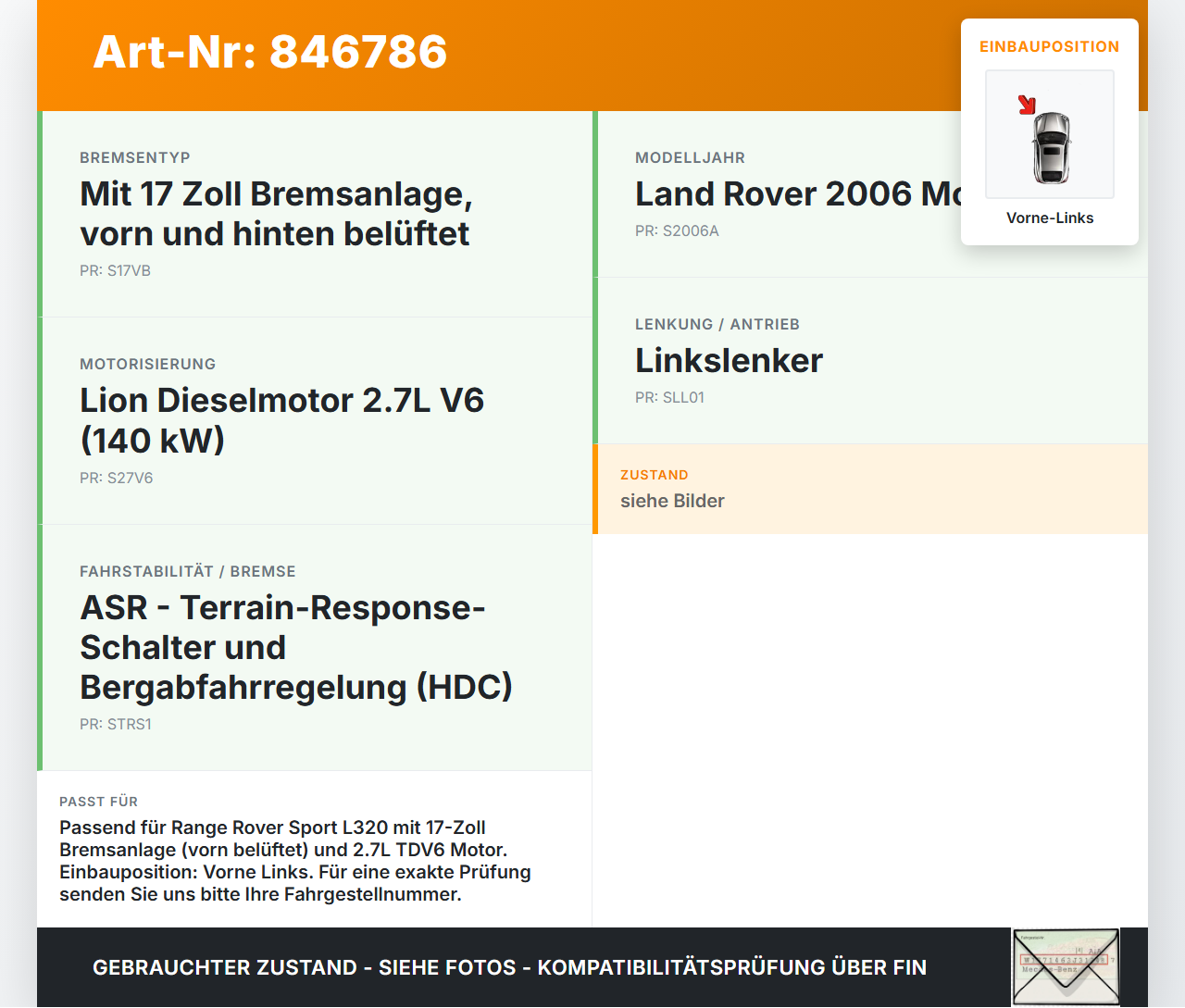 Range Rover Sport LS 05-10 TDV6 2,7 140KW Bremssattel Bremszange Vorne Links Range Rover Sport LS 05-10 09.01.2006... Vorschau 3