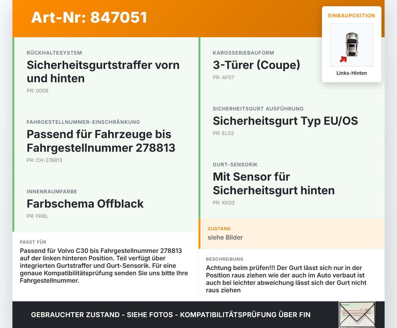 Volvo C30 06-09 3T Gurt Sicherheitsgurt Gurtstraffer Links Hinten Volvo C30 06-09 03.04.2009 30642226 gebraucht Vorschau 3