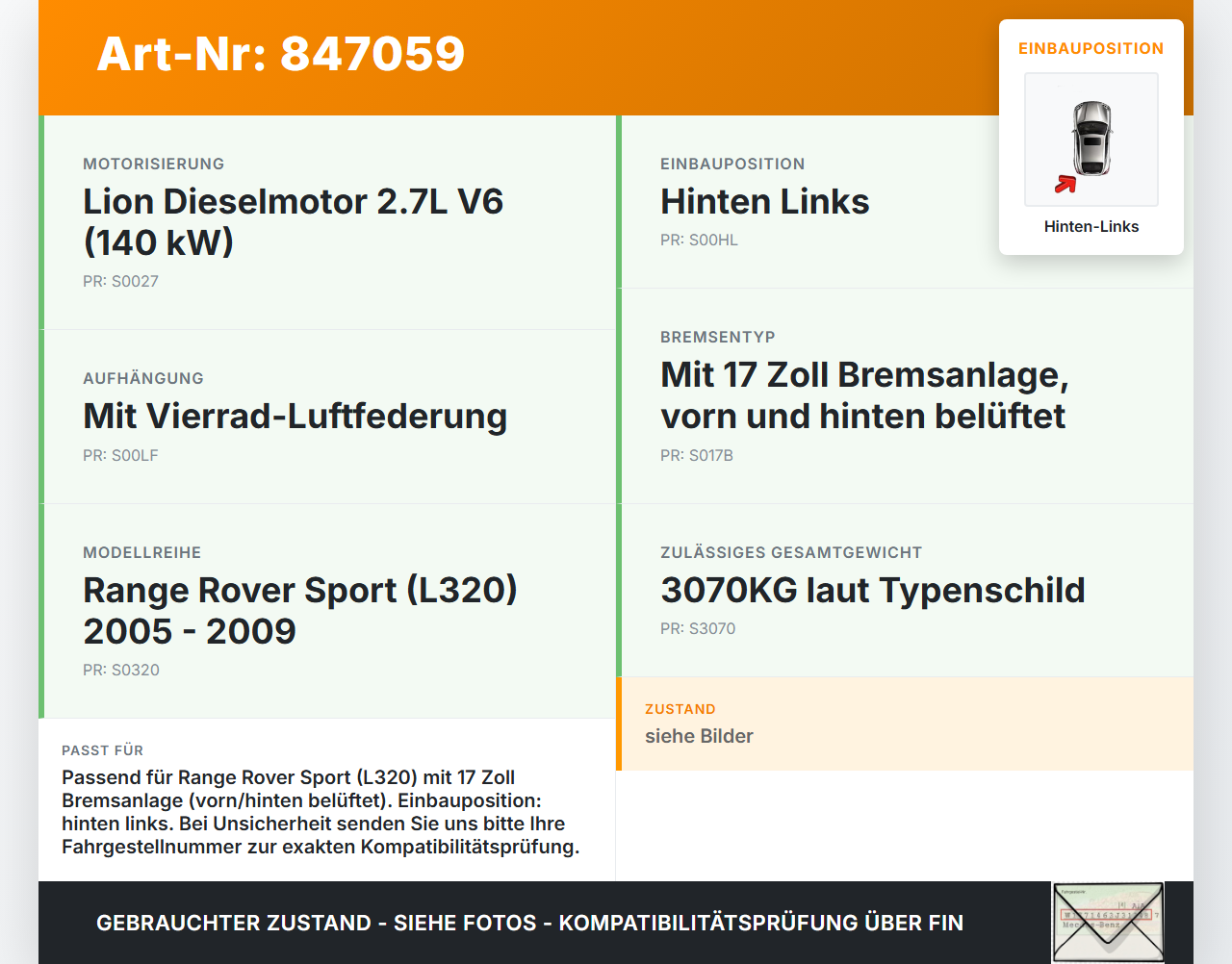 Range Rover Sport LS 05-10 TDV6 2,7 140KW Bremssattel Bremszange Hinten Links Range Rover Sport LS 05-10 09.01.2006... Vorschau 3