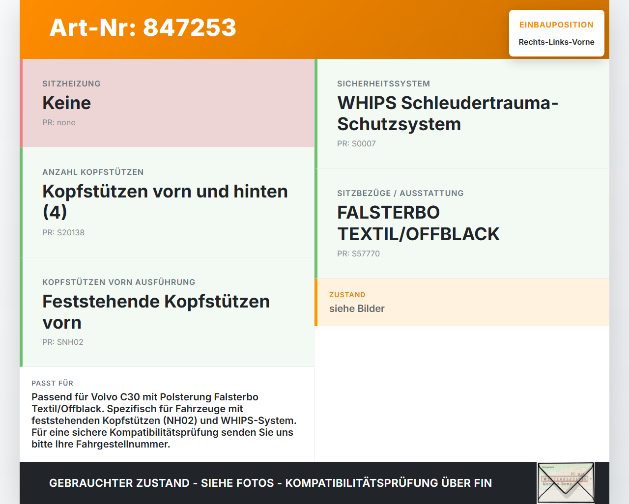 Volvo C30 06-09 Kopfstütze für Fahrer Sitz Rechts oder Links Vorne Volvo C30 06-09 03.04.2009 gebraucht Vorschau 3