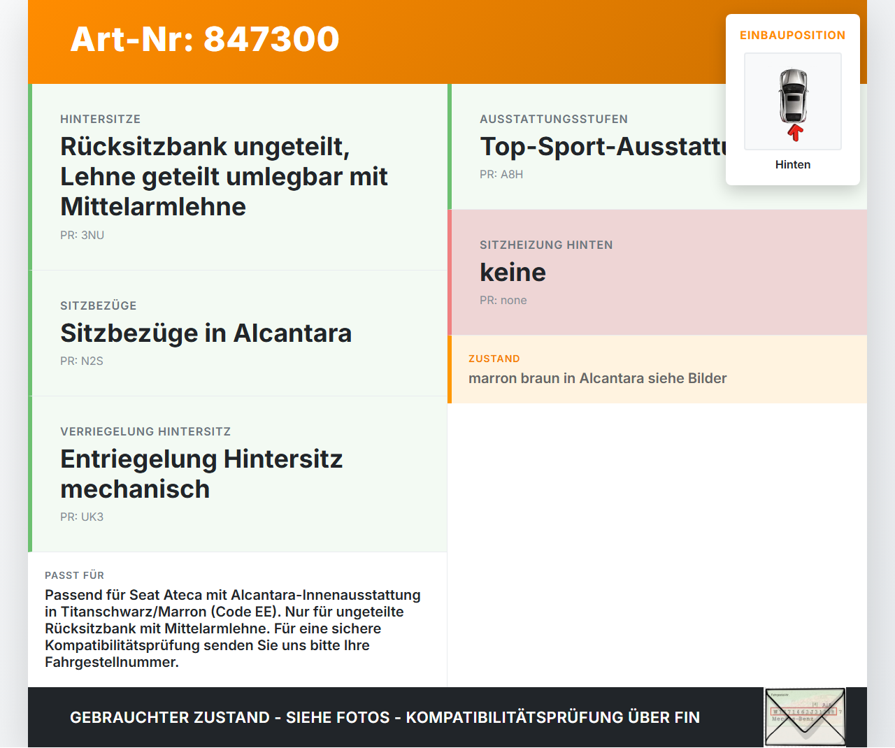 Seat Ateca KH7 16-20 Sitzbezug Sitzpolster für Rücksitzbank Hinten titanschwarz/marron Seat Ateca KH7 16-20... Vorschau 3