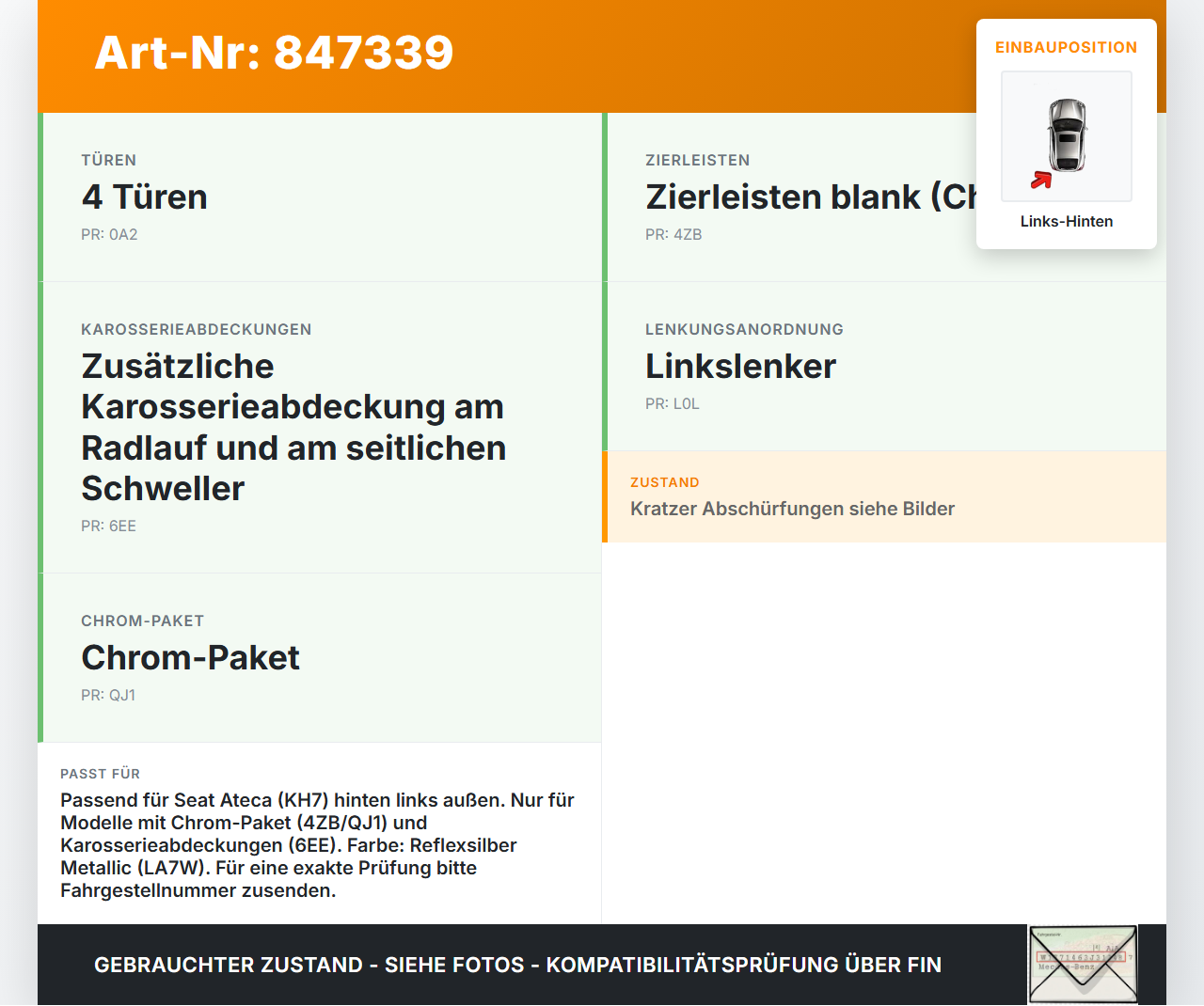 Seat Ateca KH7 16-20 Türleiste Links Hinten Aussen LA7W Seat Ateca KH7 16-20 27.06.2017 SK008-6Y10 5F1837114A... Vorschau 3