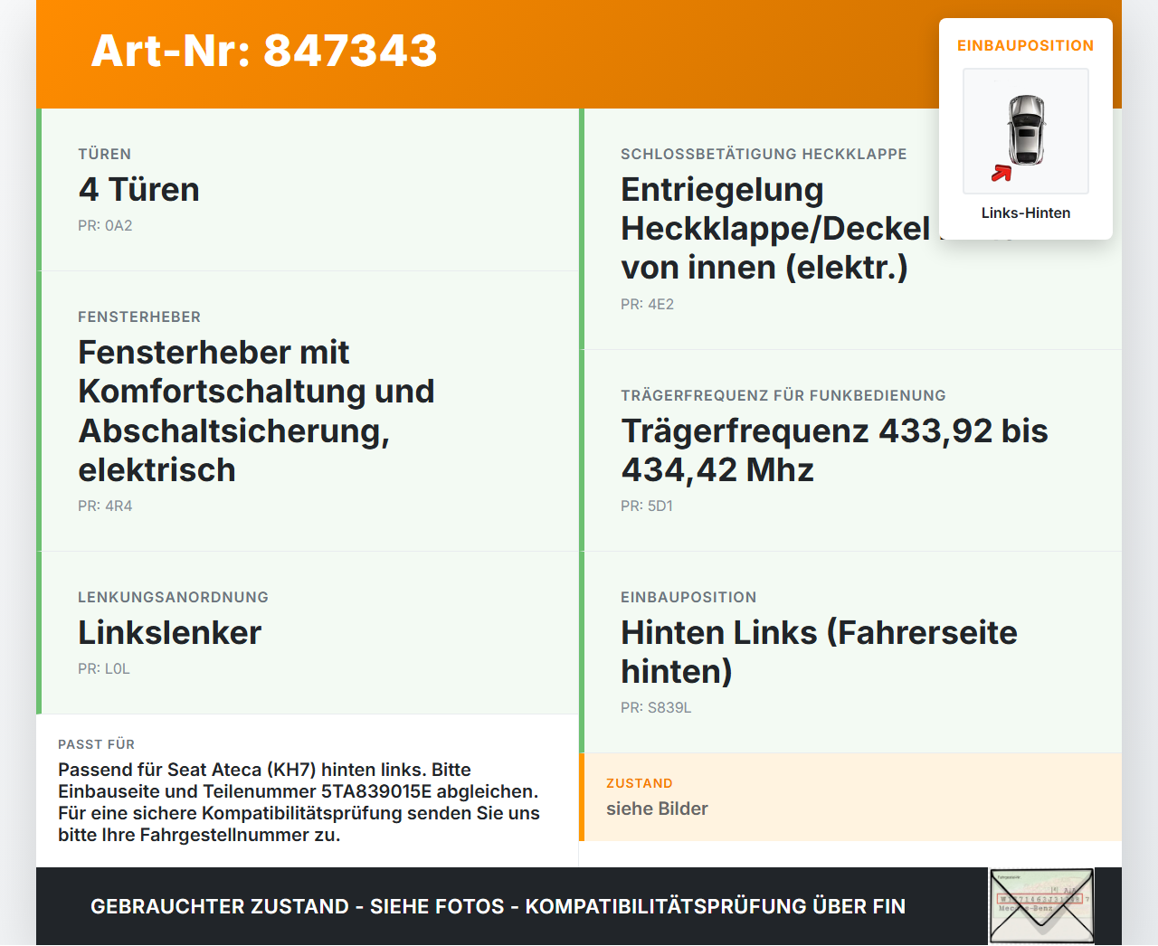 Seat Ateca KH7 16-20 Türschloss m. ZV Stellmotor Links Hinten Seat Ateca KH7 16-20 27.06.2017 5TA839015E... Vorschau 3