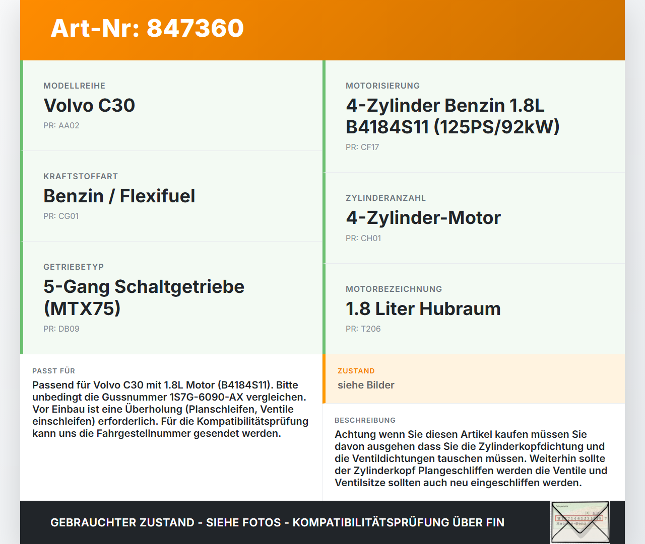 Volvo C30 06-09 Flexfuel 1,8 92KW B4184S11 Zylinderkopf Volvo C30 06-09 03.04.2009 1S7G-6090-AX gebraucht Vorschau 3
