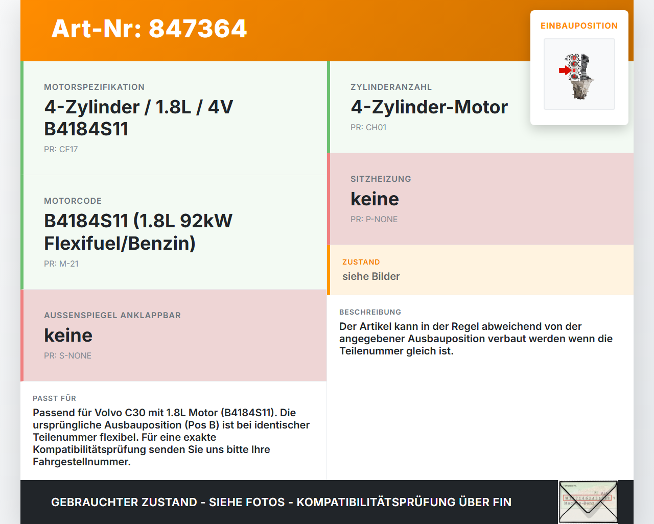 Volvo C30 06-09 Flexfuel 1,8 92KW B4184S11 Kolben mit Pleuel Pos B Volvo C30 06-09 03.04.2009 368404 gebraucht Vorschau 3
