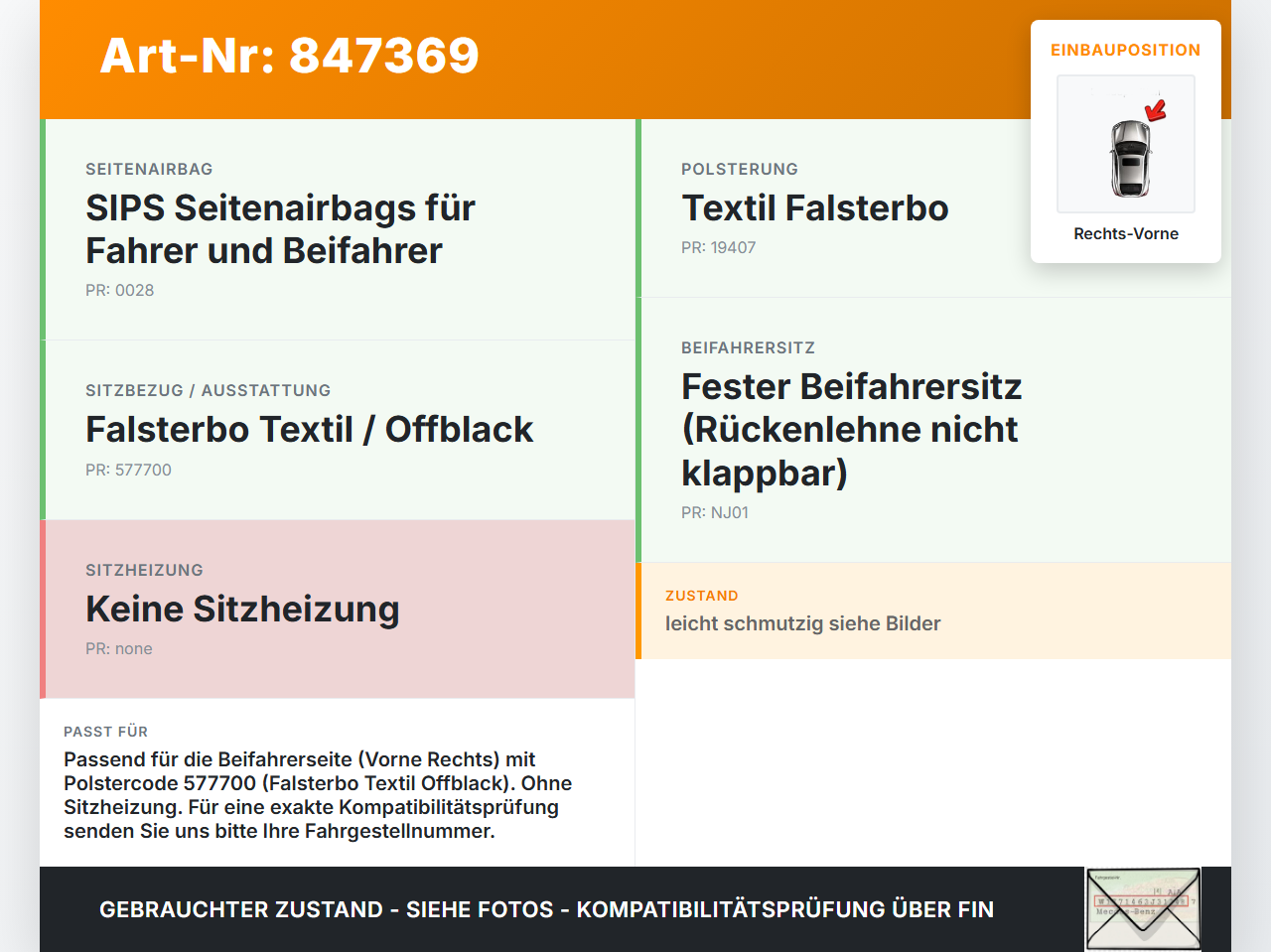 Volvo C30 06-09 3T Sitzbezug Rückenpolster Rechts Vorne für Sitz Volvo C30 06-09 03.04.2009 gebraucht Vorschau 3