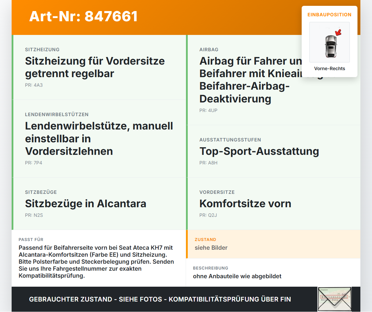 Seat Ateca KH7 16-20  Beheizt Sitz Beifahrersitz Vorne Rechts titanschwarz/marron Alcantara Seat Ateca KH7 16-20... Vorschau 3