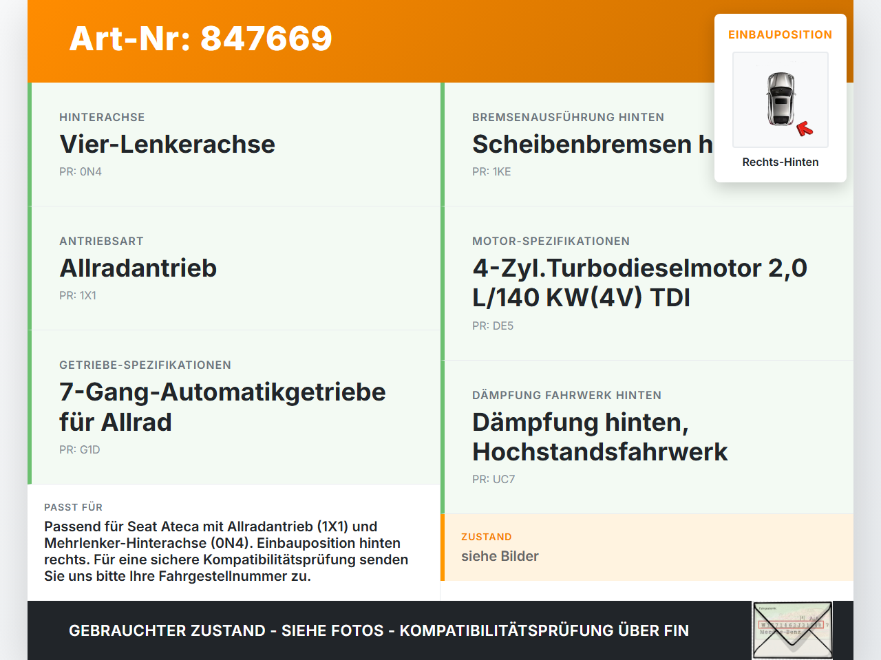 Seat Ateca KH7 16-20  TDI 2,0 140KW 4WD Antriebswelle Gelenkwelle Rechts Hinten Seat Ateca KH7 16-20 27.06.2017... Vorschau 3