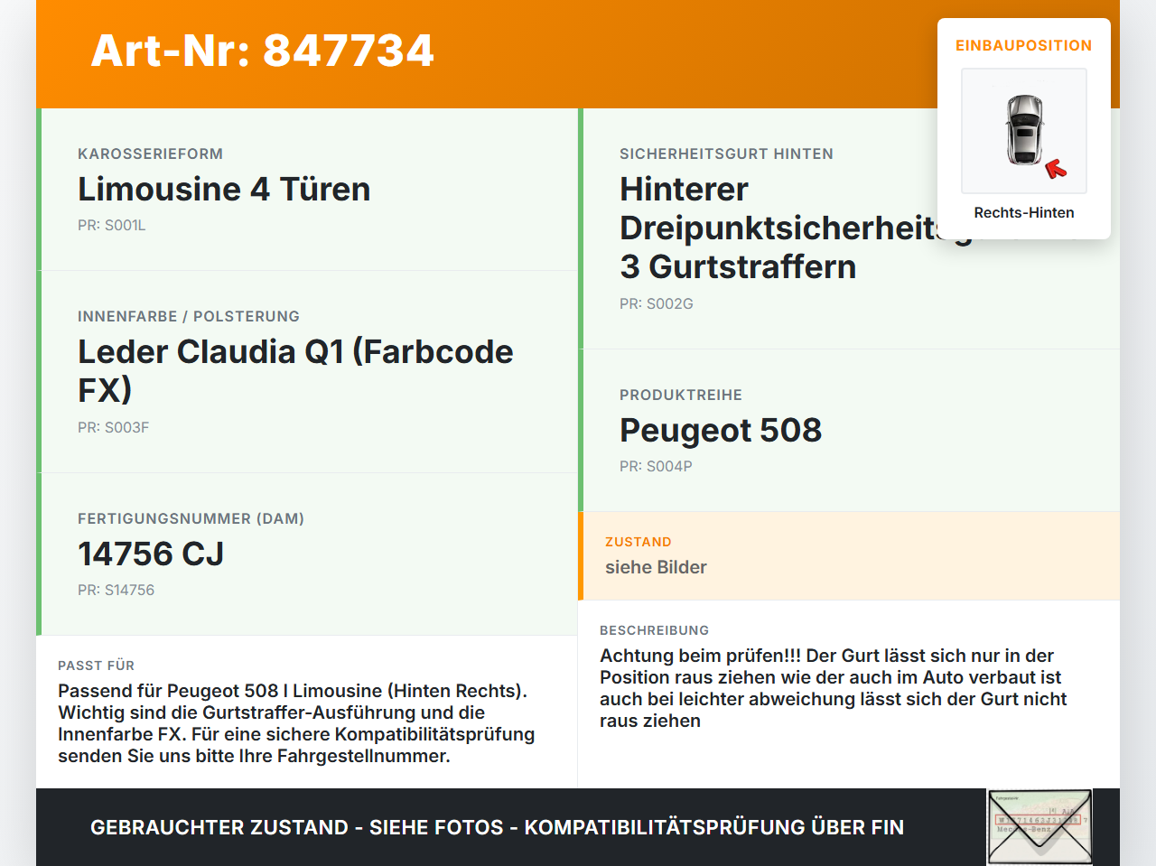 Peugeot 508 I 8D 14-18 Lim Gurt Sicherheitsgurt Rechts Hinten Peugeot 508 I 8D 14-18 01.06.2017 96722255XX gebraucht Vorschau 3