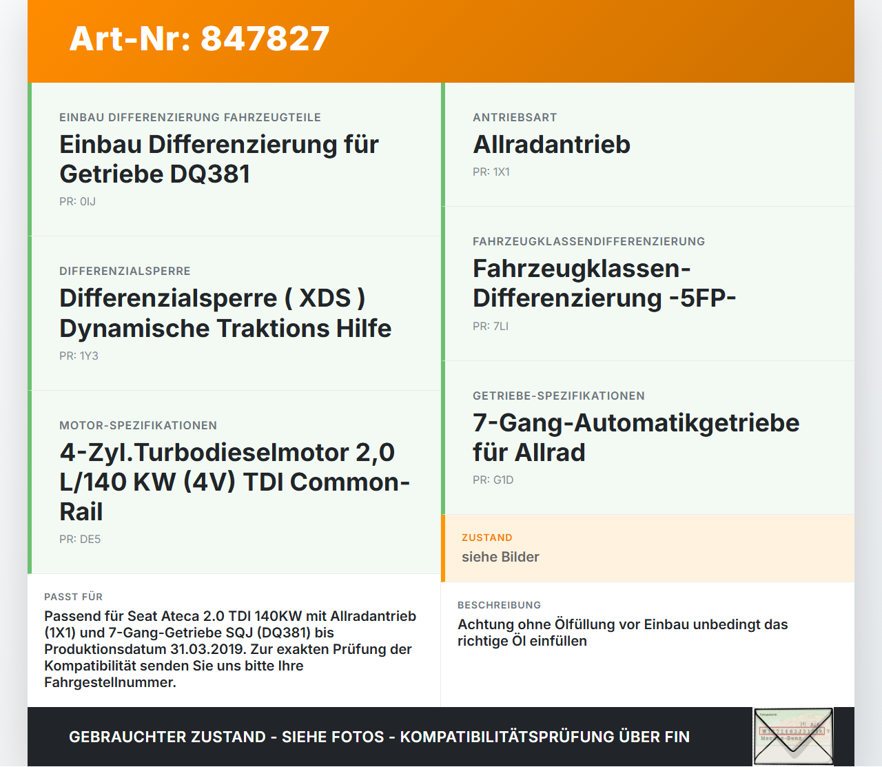 Seat Ateca KH7 16-20 TDI 2,0 140KW 4WD Verteilergetriebe Winkelgetriebe für Getriebe SQJ Seat Ateca KH7 16-20... Vorschau 3