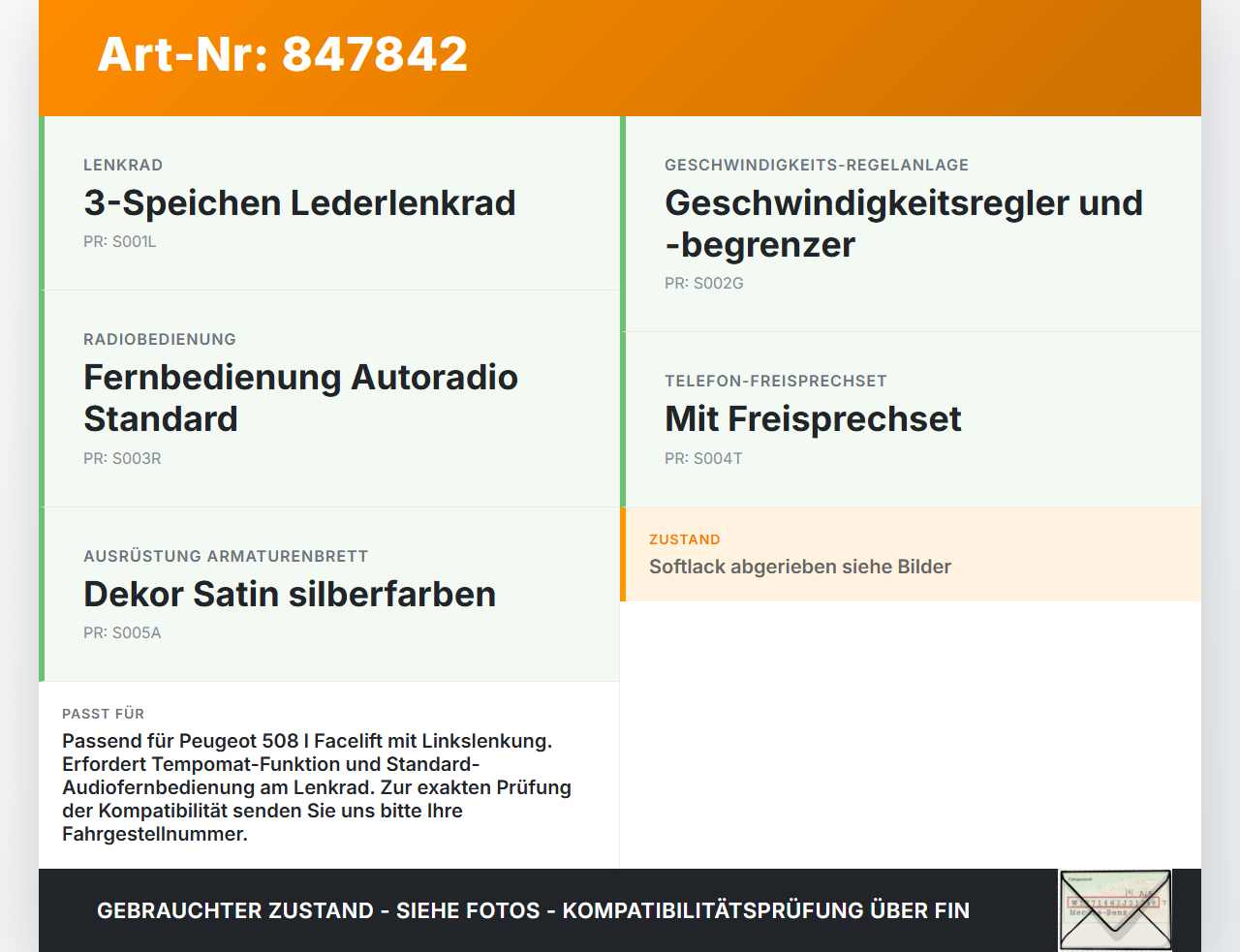 Peugeot 508 I 8D 14-18 Schalter Multifunktion für Lenkrad Peugeot 508 I 8D 14-18 01.06.2017 9822109077 3417.1401... Vorschau 3