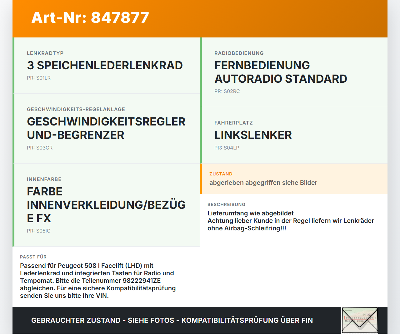 Peugeot 508 I 8D 14-18 Lenkrad ohne Airbag Peugeot 508 I 8D 14-18 01.06.2017 98222941ZE 2021937S54A gebraucht Vorschau 3
