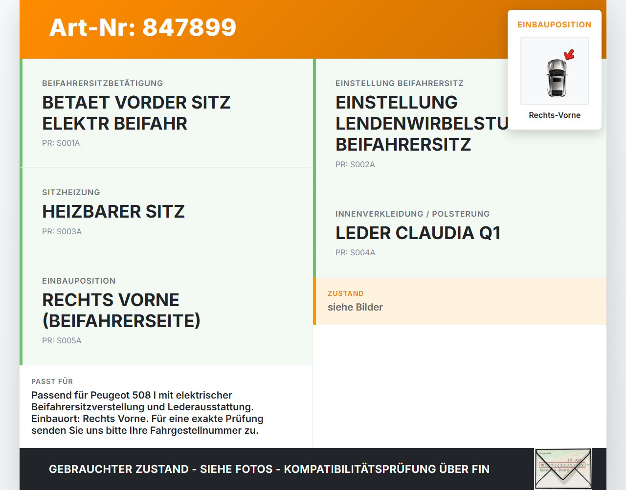Peugeot 508 I 8D 14-18 Stellmotor für Elektr. Sitzverstellung Rechts Vorne Peugeot 508 I 8D 14-18 01.06.2017... Vorschau 3