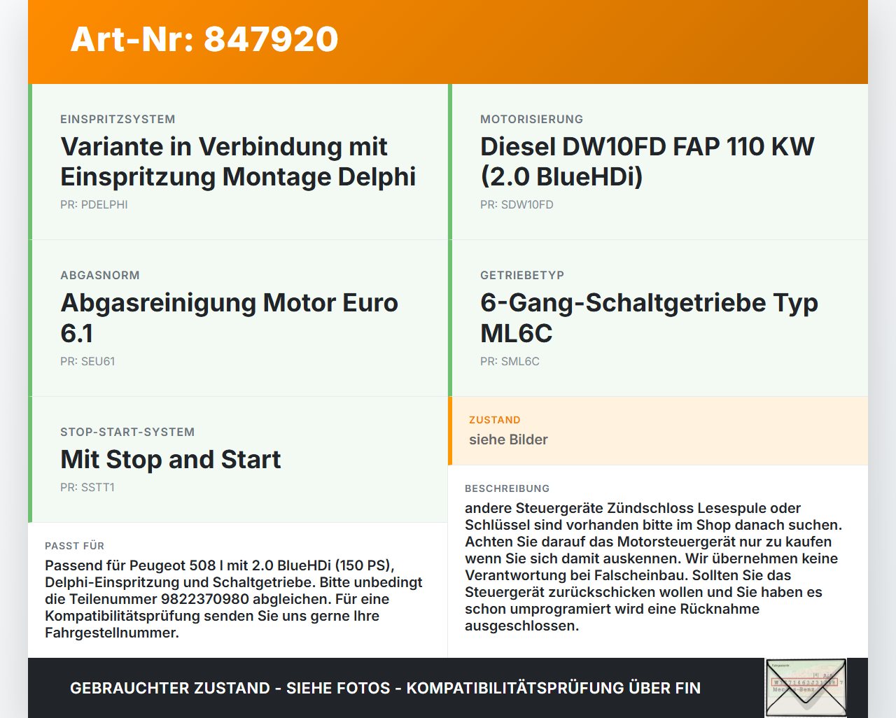 Peugeot 508 I 8D 14-18 Hdi 2,0 110KW Steuergerät ECU für Motor Motorsteuergerät Peugeot 508 I 8D 14-18 01.06.2017... Vorschau 3