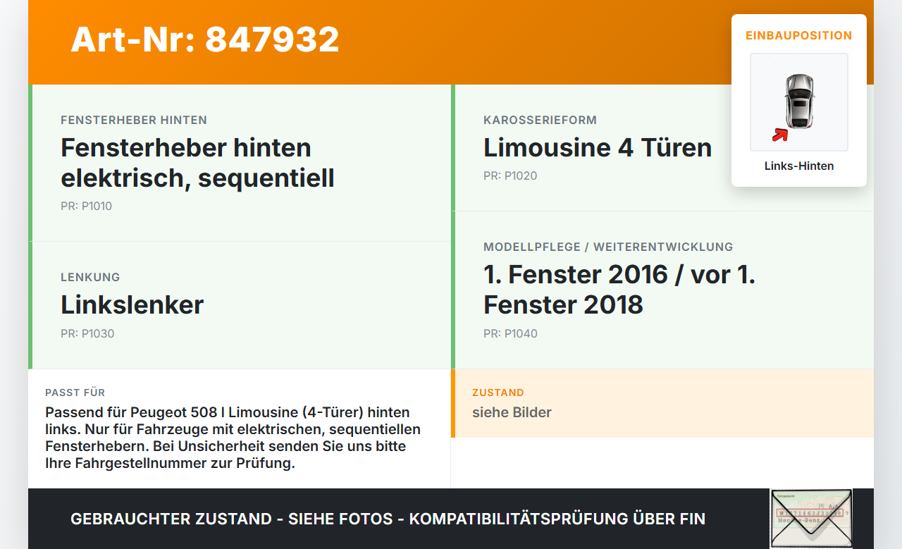 Peugeot 508 I 8D 14-18 Lim Fensterhebermotor mit Fensterheber Links Hinten Peugeot 508 I 8D 14-18 01.06.2017... Vorschau 3