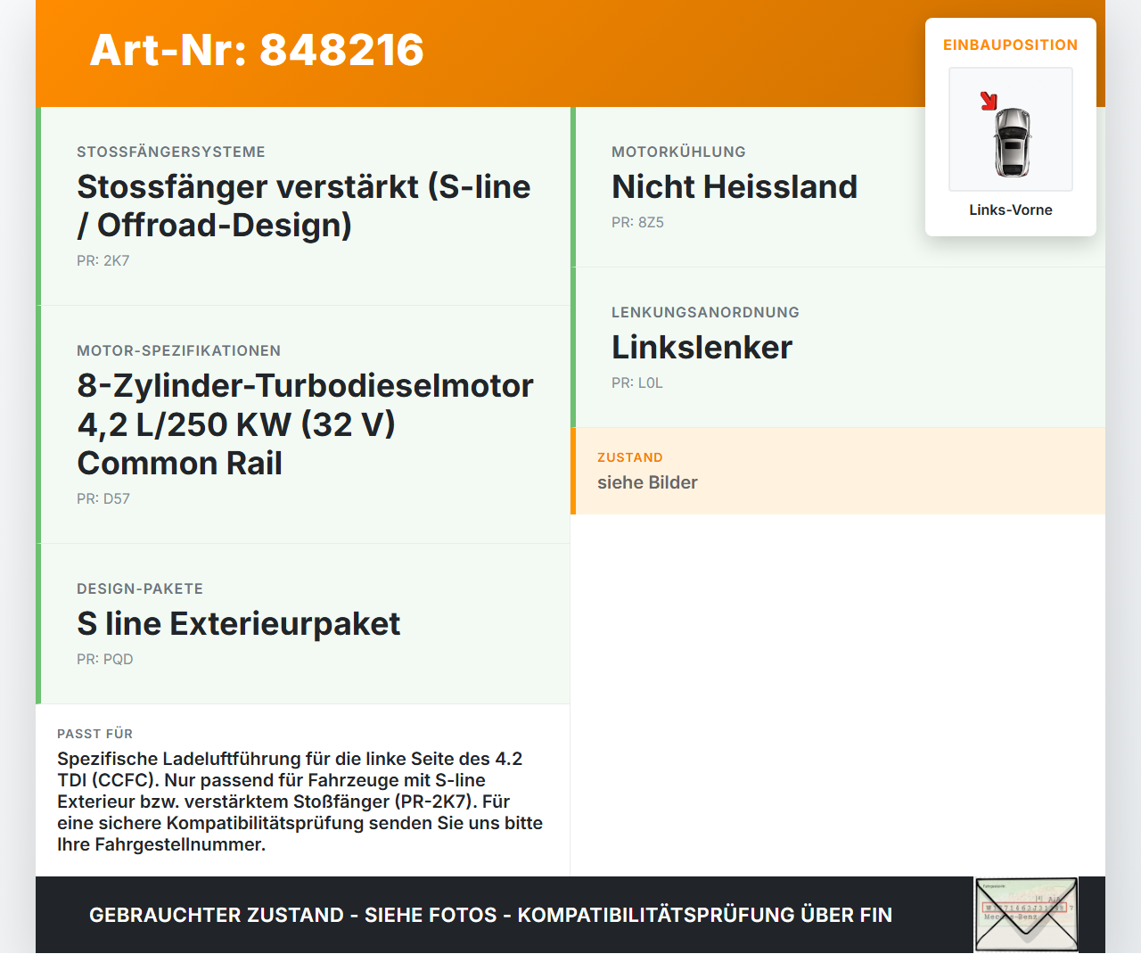 Audi Q7 4L 09-12 TDI 4,2 250KW Laeluftführung Links Vorne Audi Q7 4L 09-12 15.09.2011 4L0117335F gebraucht Vorschau 3
