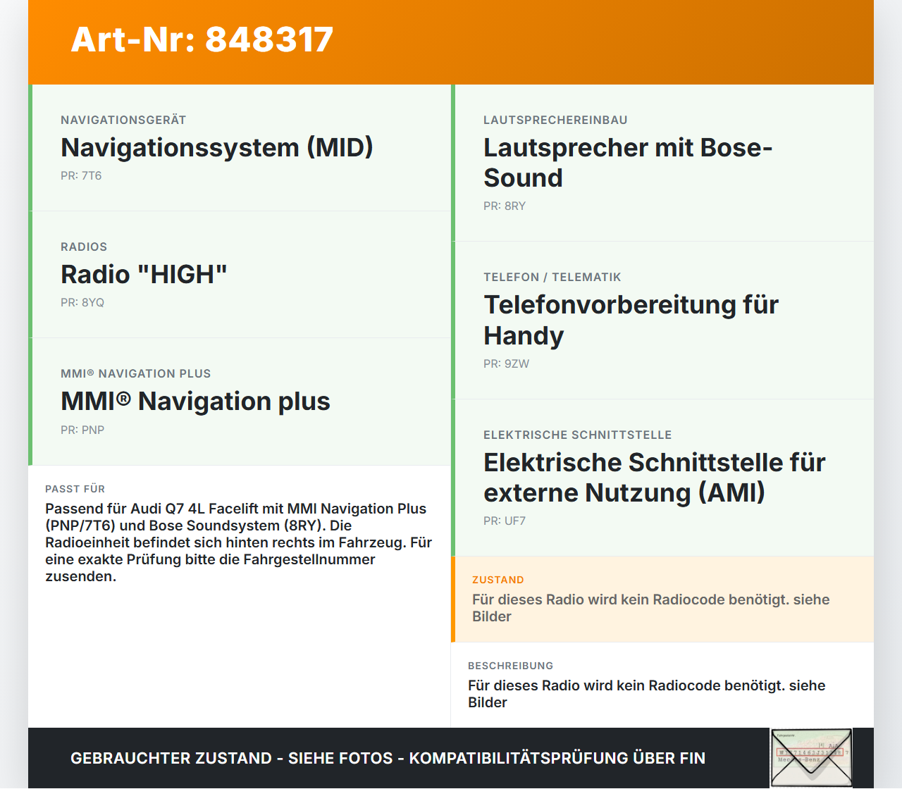 Audi Q7 4L 09-12 Navigationssystem Navi Main Unit MMI JTB-074 Audi Q7 4L 09-12 15.09.2011 4G1035053C gebraucht Vorschau 3