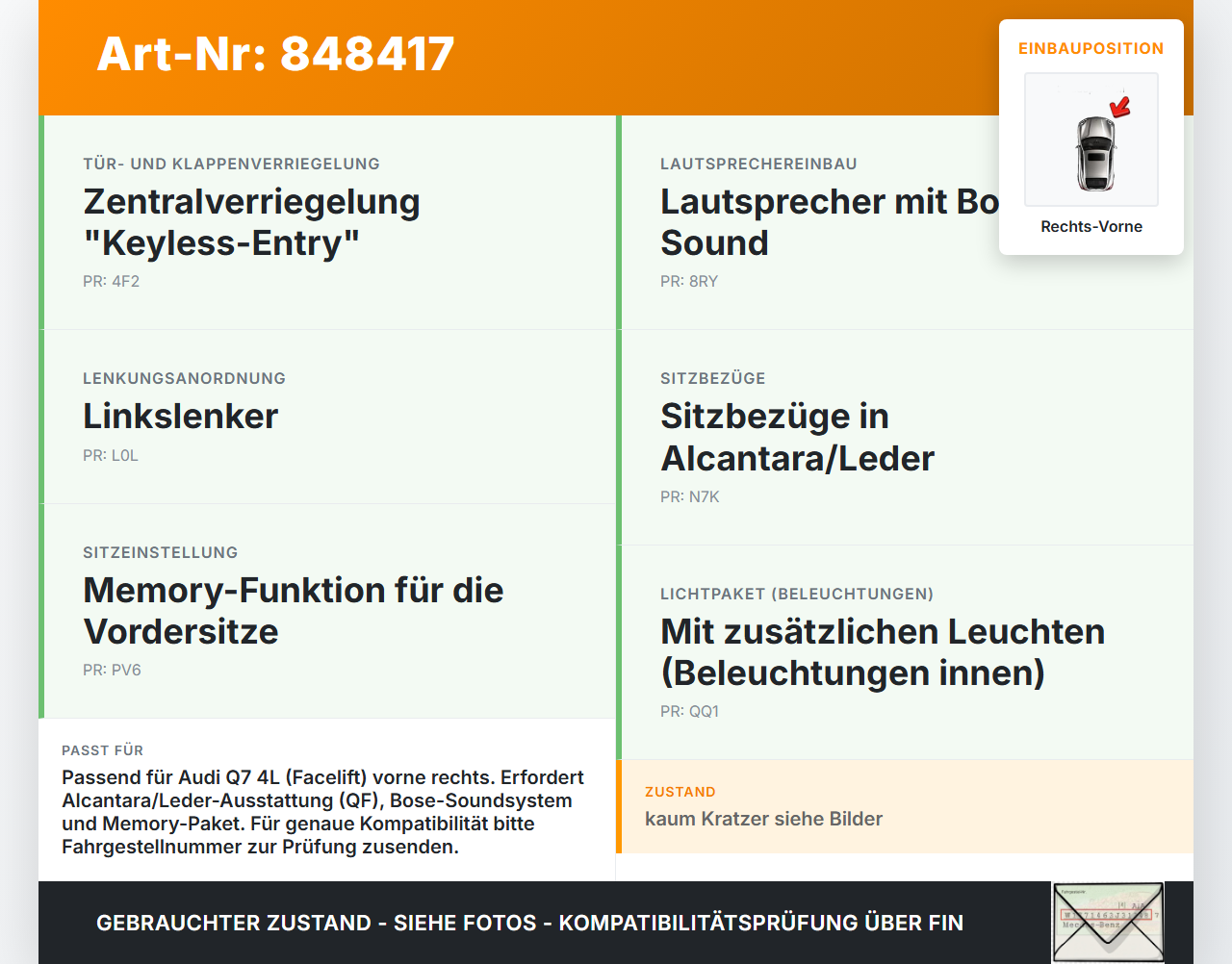 Audi Q7 4L 09-12 Türverkleidung Türpappe Rechts Vorne Alcantara Leder Audi Q7 4L 09-12 15.09.2011 4L0867304AH... Vorschau 3