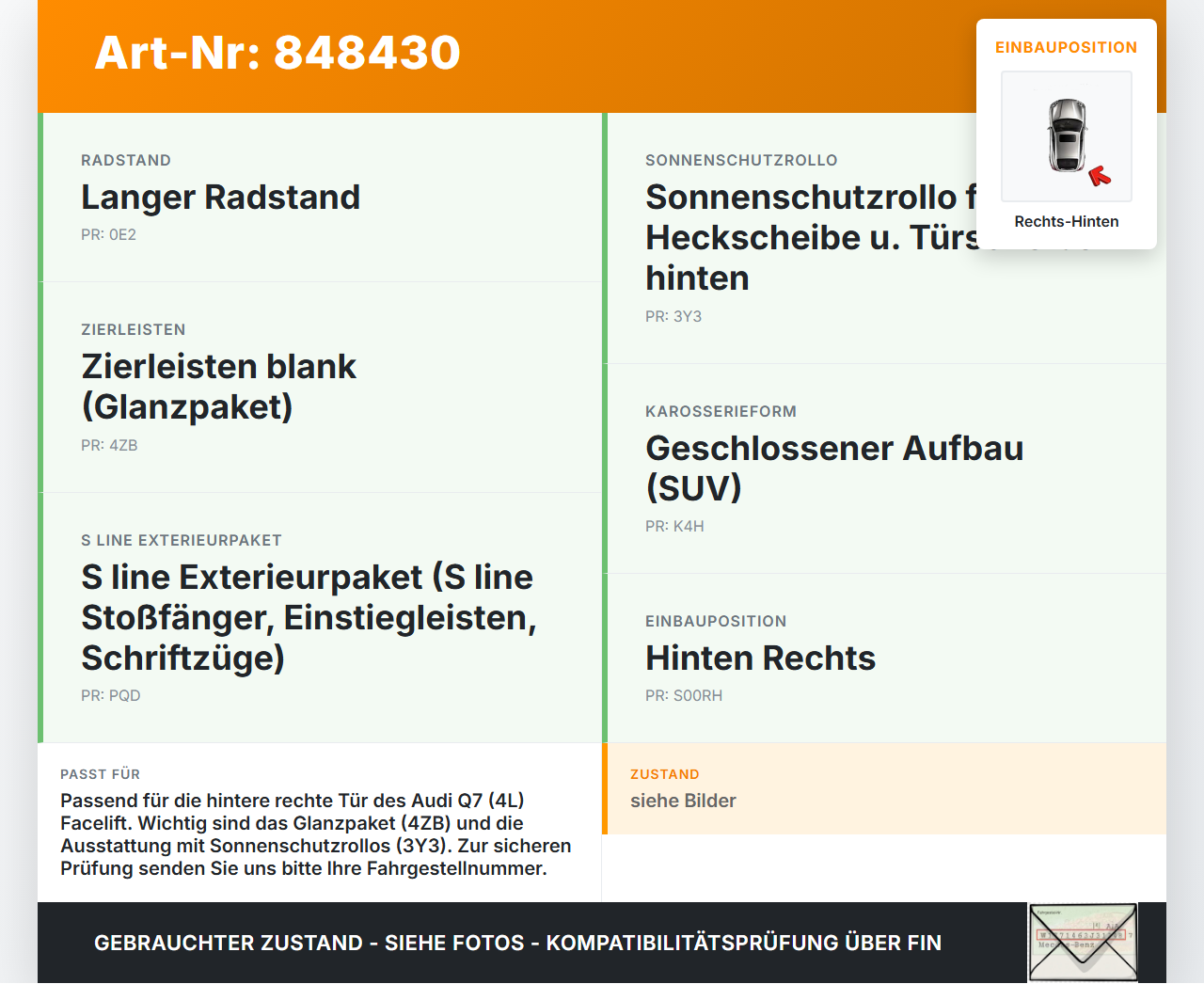 Audi Q7 4L 09-12 Dichtung für Rahmen Tür Rechts Hinten Audi Q7 4L 09-12 15.09.2011 4L0839911 gebraucht Vorschau 3