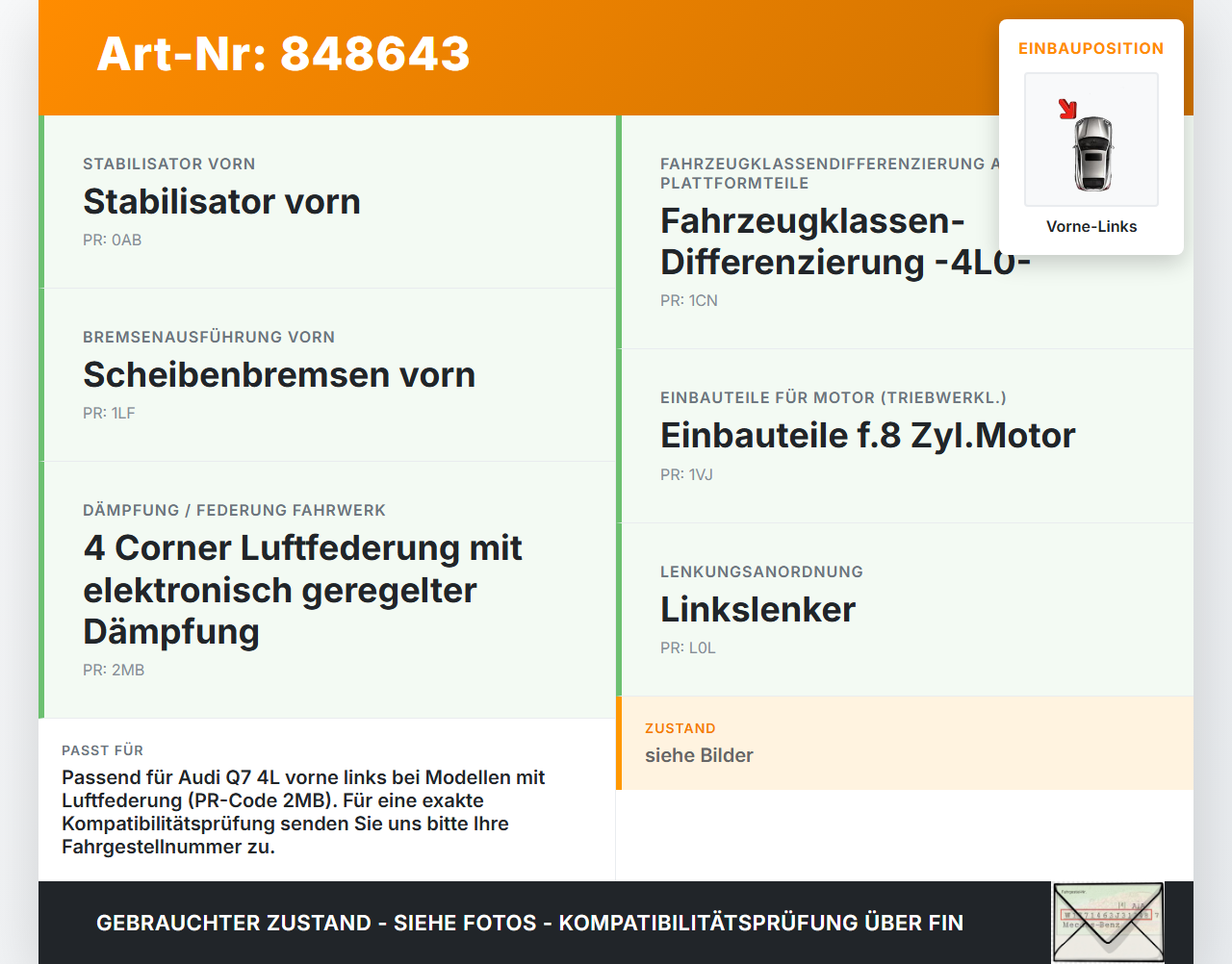 Audi Q7 4L 09-12 Stossdämpfer Federbein Vorne Links bei Luftfahrwerk Audi Q7 4L 09-12 15.09.2011 7L8616039G... Vorschau 3