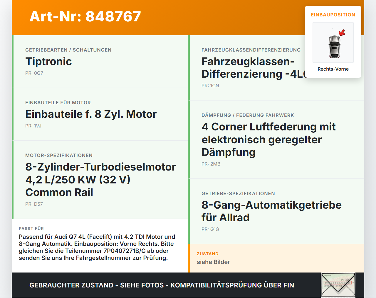 Audi Q7 4L 09-12 TDI 4,2 250KW Autom 4WD Antriebswelle Gelenkwelle Rechts Vorne Audi Q7 4L 09-12 15.09.2011... Vorschau 3