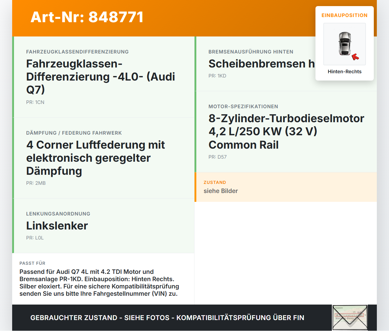 Audi Q7 4L 09-12 TDI 4,2 250KW Bremssattel Bremszange Hinten Rechts Audi Q7 4L 09-12 15.09.2011 95535142251 gebraucht Vorschau 3