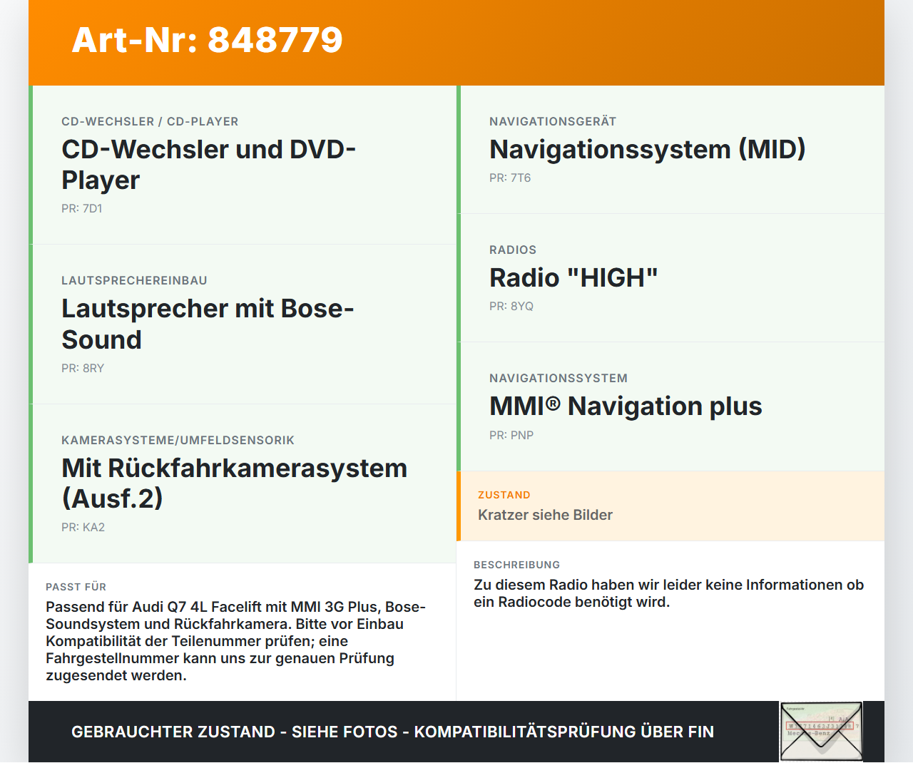 Audi Q7 4L 09-12 Navigationssystem Navi Rechner SD Lesegerät MMI3G Audi Q7 4L 09-12 15.09.2011 0B7500557 100130720... Vorschau 3