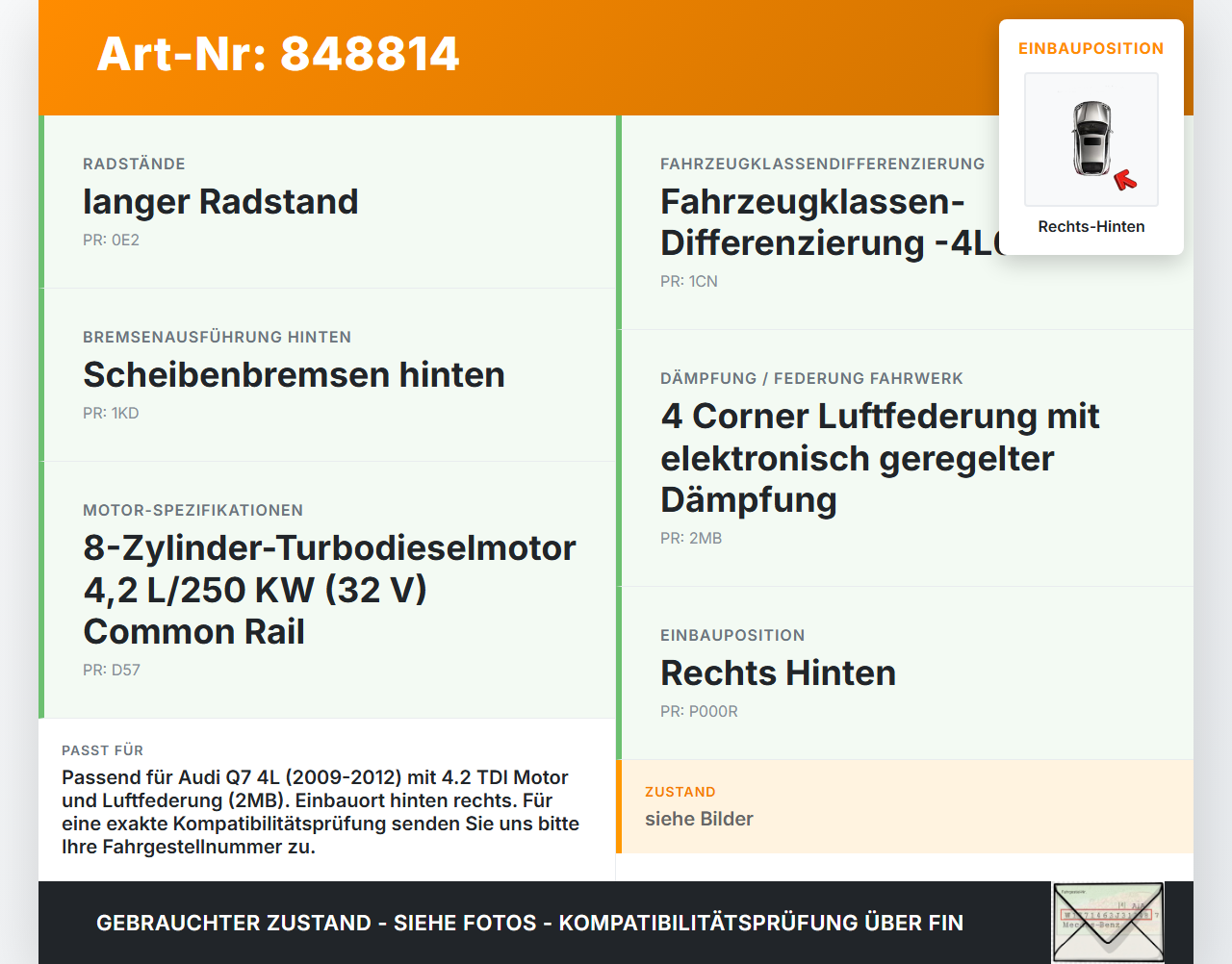 Audi Q7 4L 09-12  TDI 4,2 250KW 4WD Achsschenkel Radnabe Rechts Hinten Audi Q7 4L 09-12 15.09.2011 95533161220 gebraucht Vorschau 3