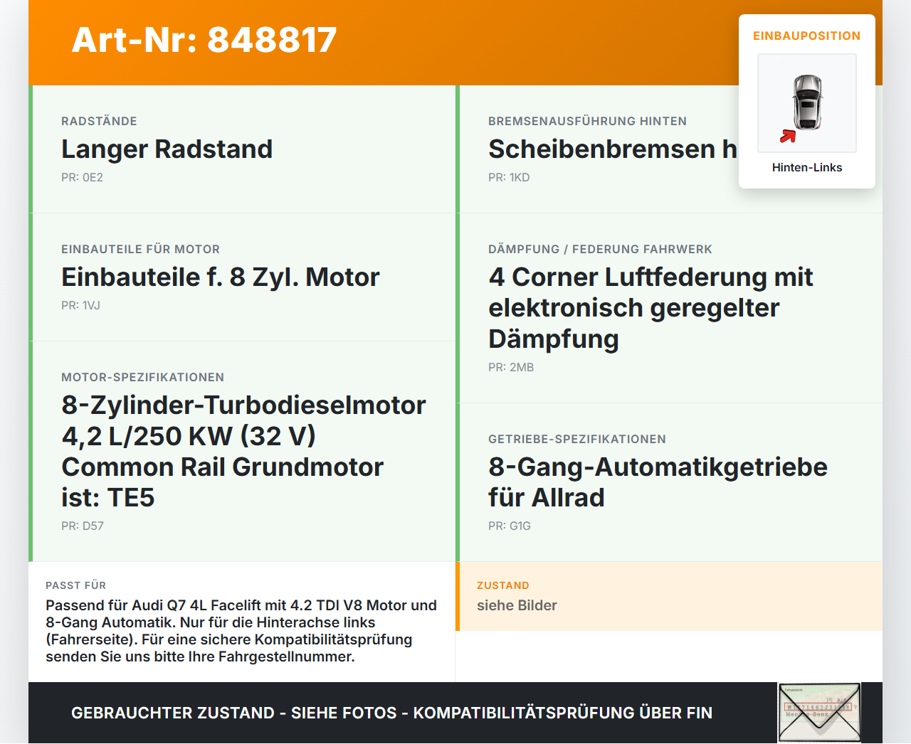 Audi Q7 4L 09-12  TDI 4,2 250KW 4WD Antriebswelle Gelenkwelle Hinten Links Audi Q7 4L 09-12 15.09.2011 7L8501201D... Vorschau 3