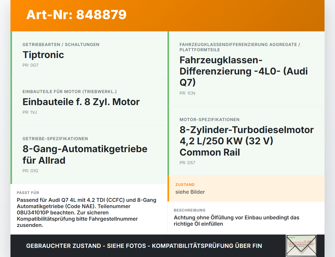 Audi Q7 4L 09-12 TDI 4,2 250KW 4WD Verteilergetriebe Getriebe Audi Q7 4L 09-12 15.09.2011 MTQ0219584 0BU341010P... Vorschau 3